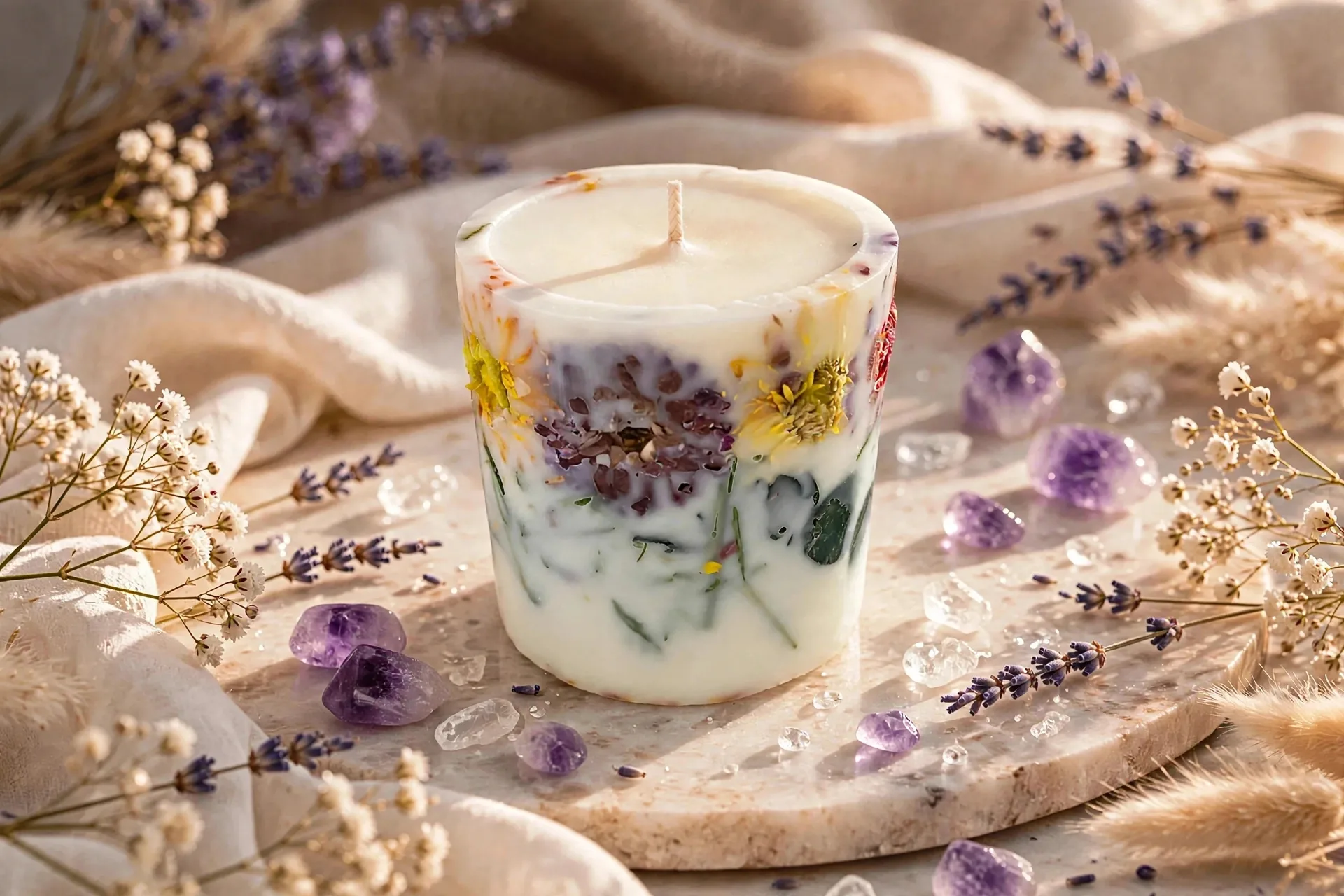 Scented Pillar Candle with Real Dried Flowers — styled home decor scene