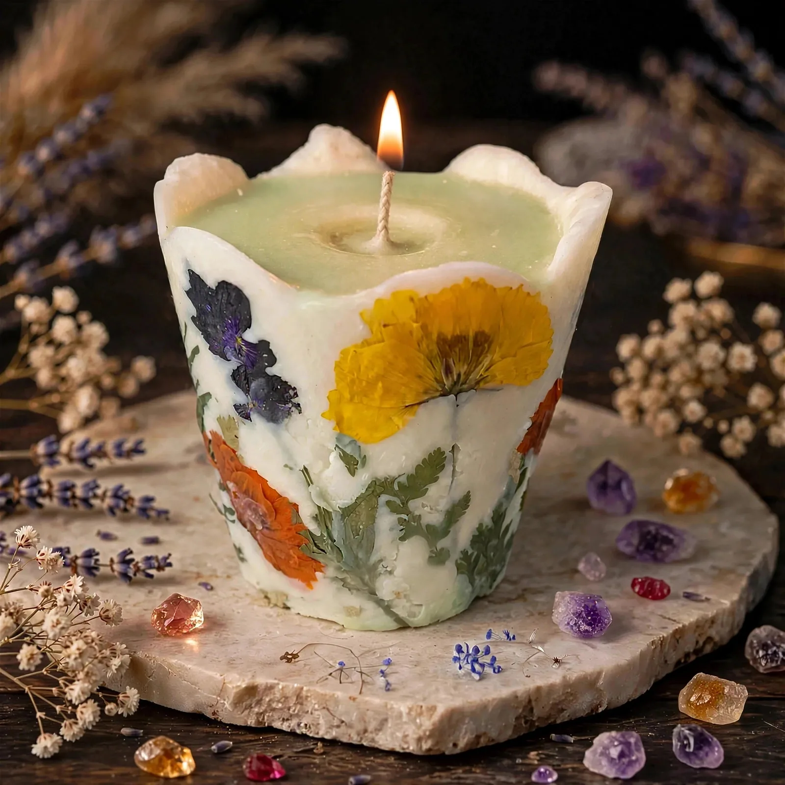 Rustic Floral Candle — lit with a warm flame