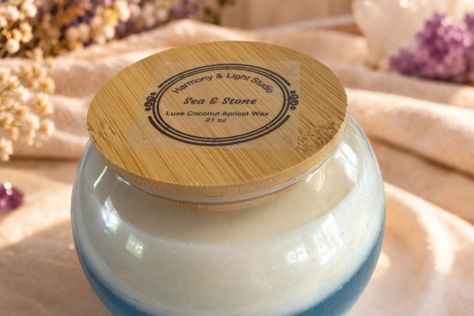 Sea & Stone Scented Candle: Coconut Apricot Wax Blend — close-up detail