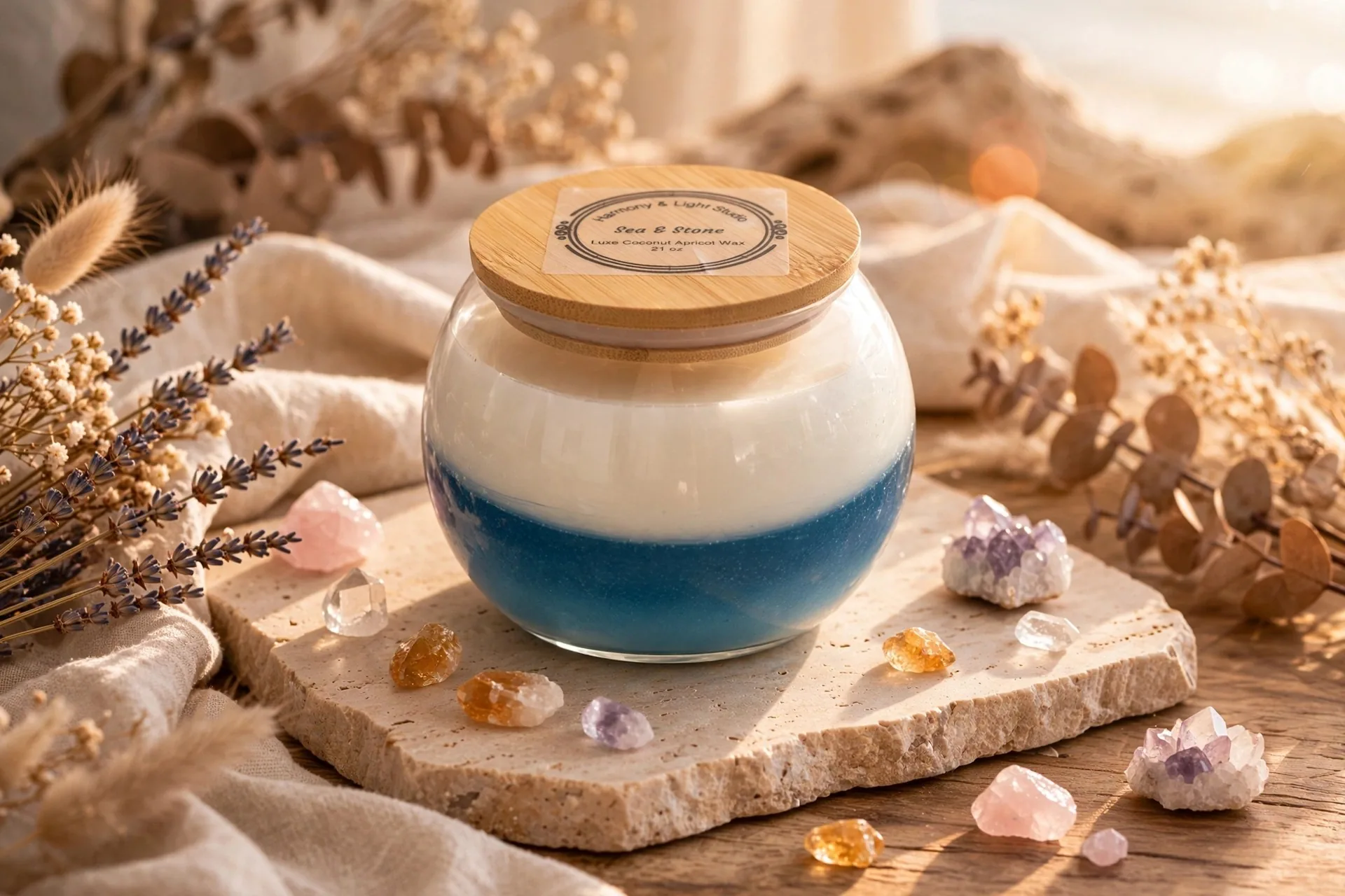 Sea & Stone Scented Candle: Coconut Apricot Wax Blend — lifestyle photo
