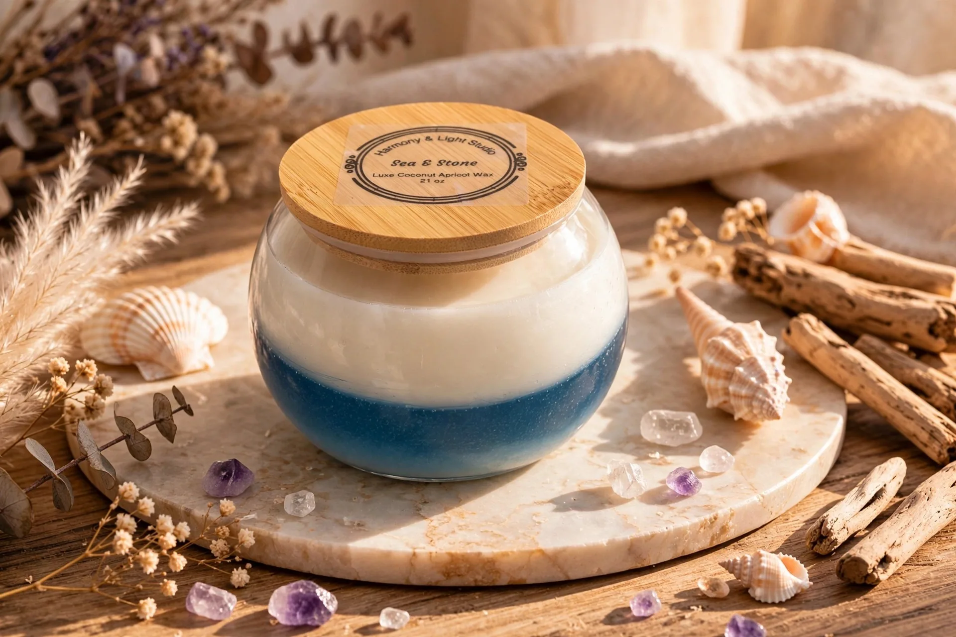 Sea & Stone Scented Candle: Coconut Apricot Wax Blend — styled home decor scene