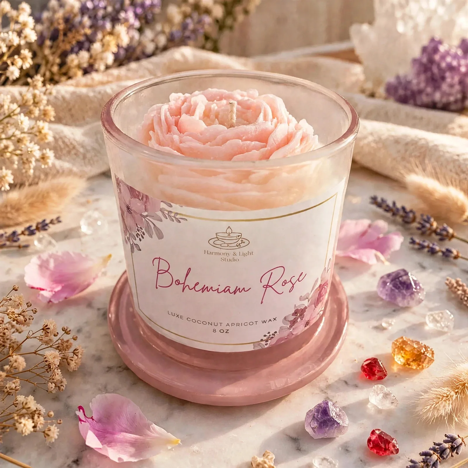 Rose Infused Candle: Coconut Apricot Wax, Bohemian Rose Scent
