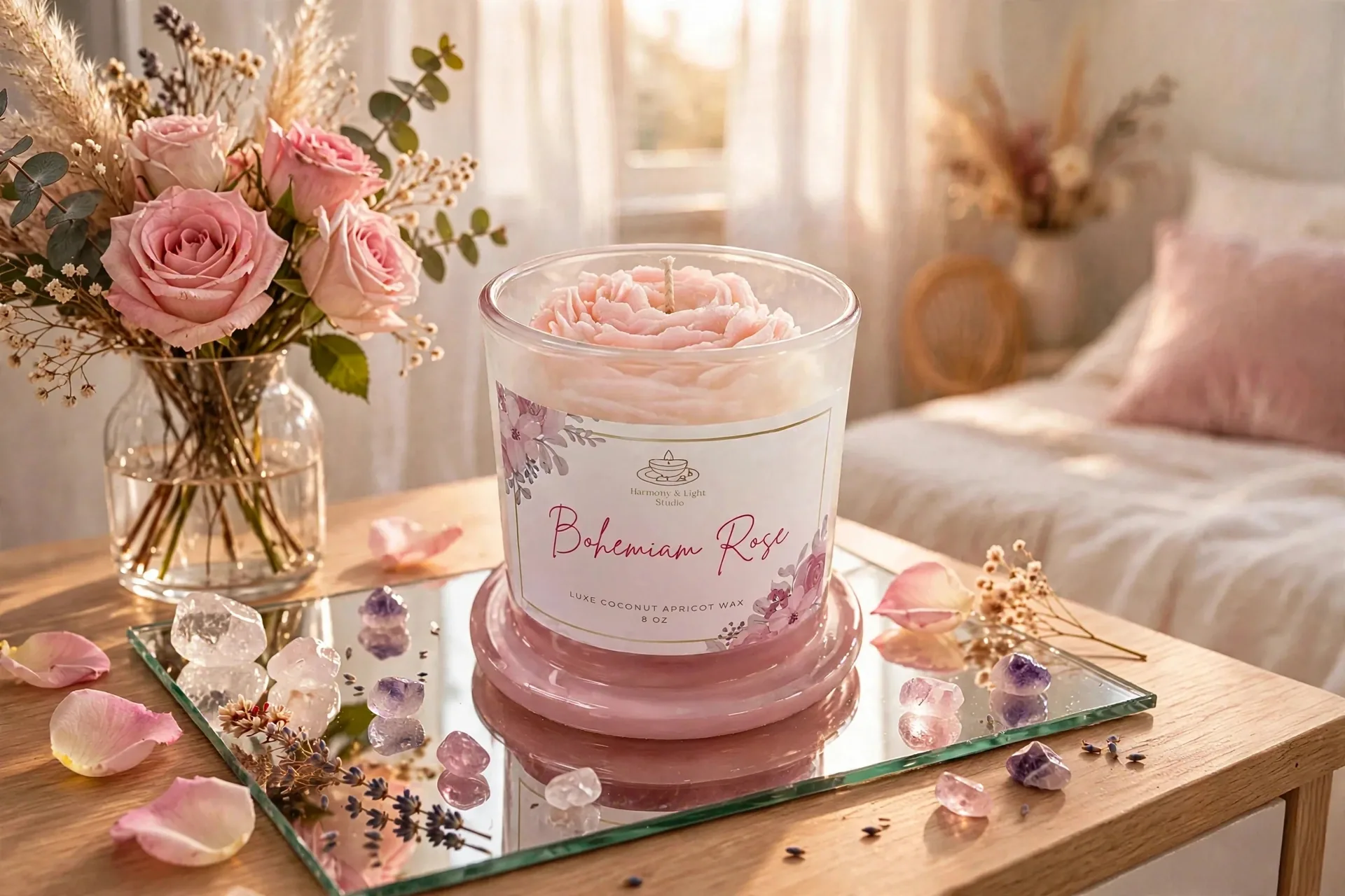 Rose Infused Candle: Coconut Apricot Wax — lifestyle photo