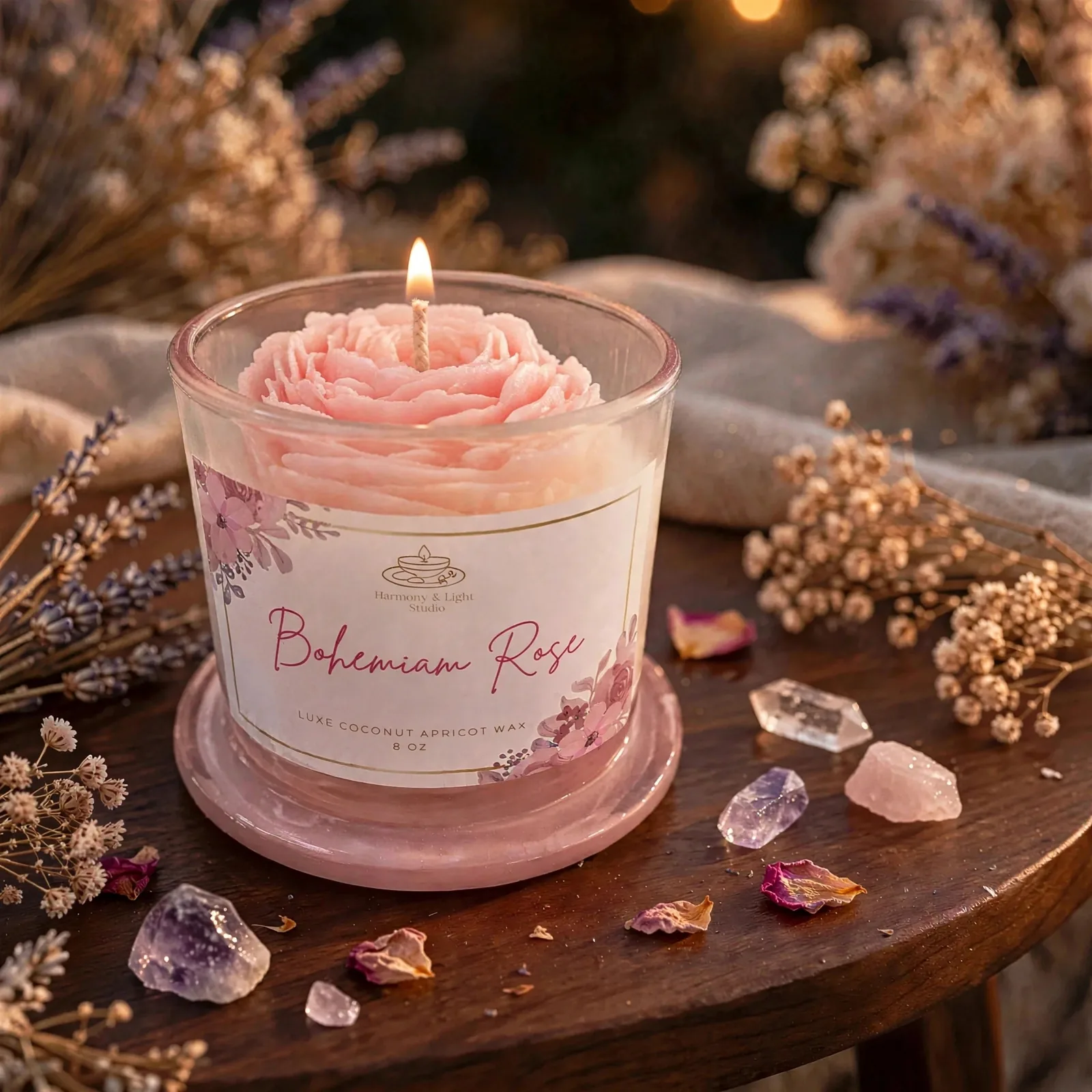 Rose Infused Candle: Coconut Apricot Wax — lit with a warm flame