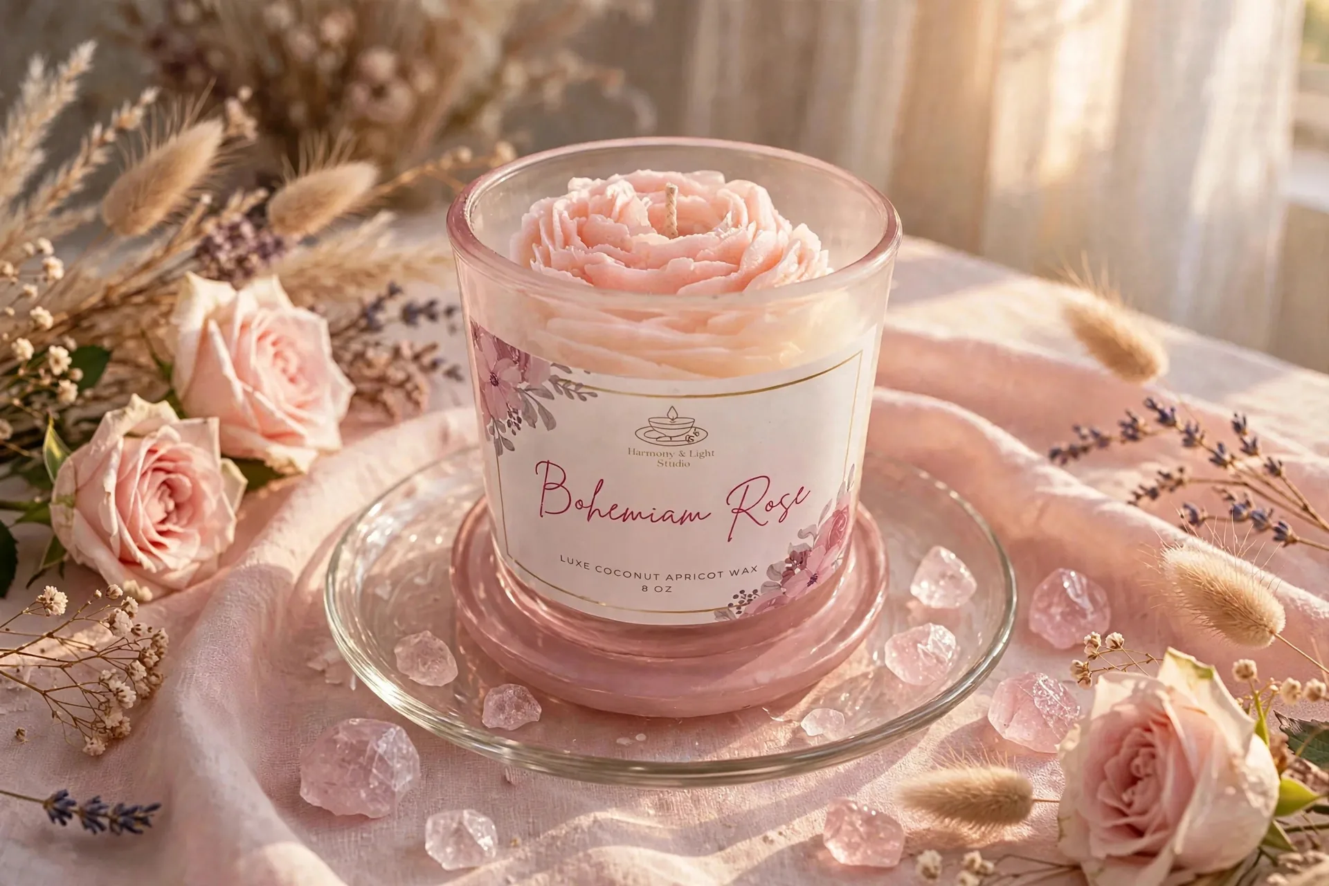 Rose Infused Candle: Coconut Apricot Wax — styled home decor scene