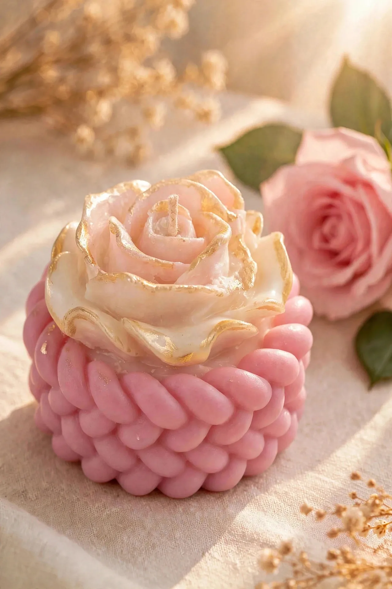 Rose Pillar Candle: Vintage-Inspired Coconut Soy Wax - — close-up detail