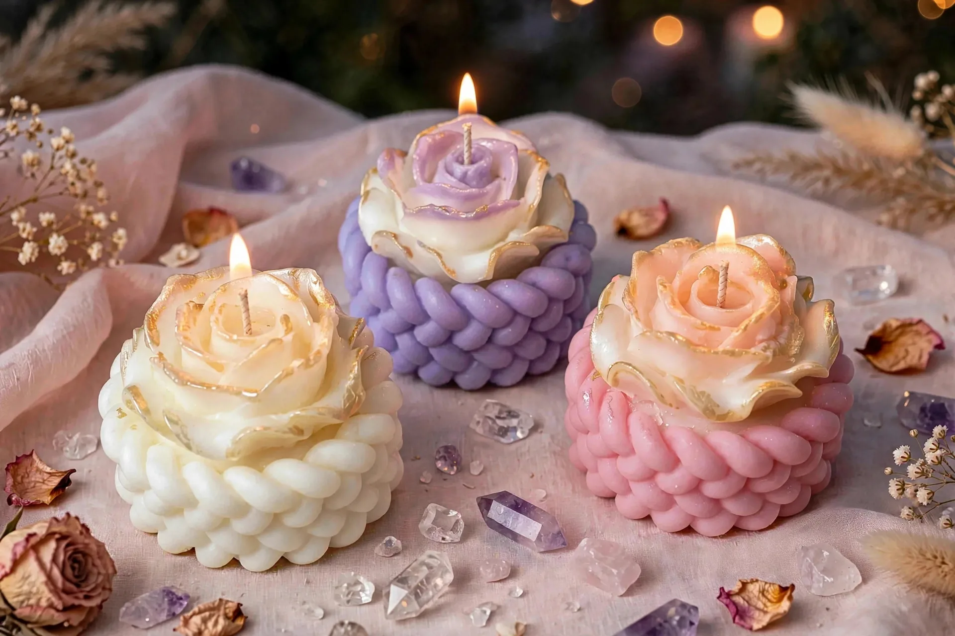Rose Pillar Candle: Vintage-Inspired Coconut Soy Wax - — lit with a warm flame