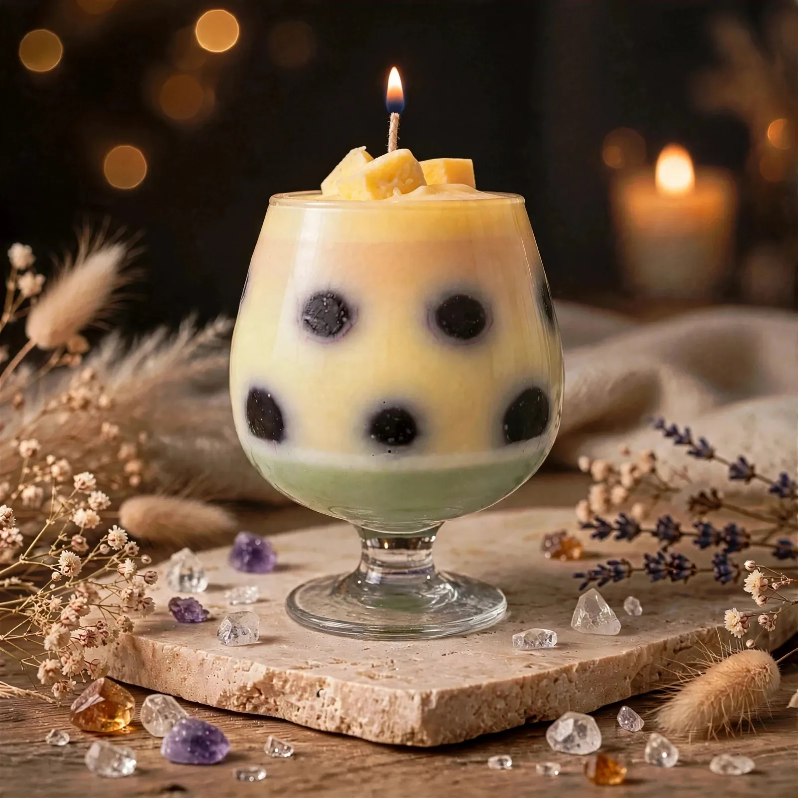 Watermelon Soy Candle — lit with a warm flame