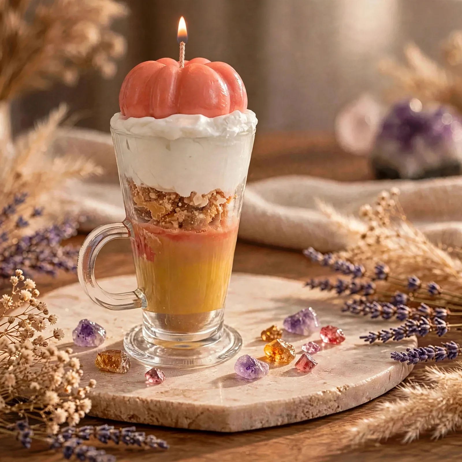 Dessert Layered Pumpkin Spice Candle — lit with a warm flame