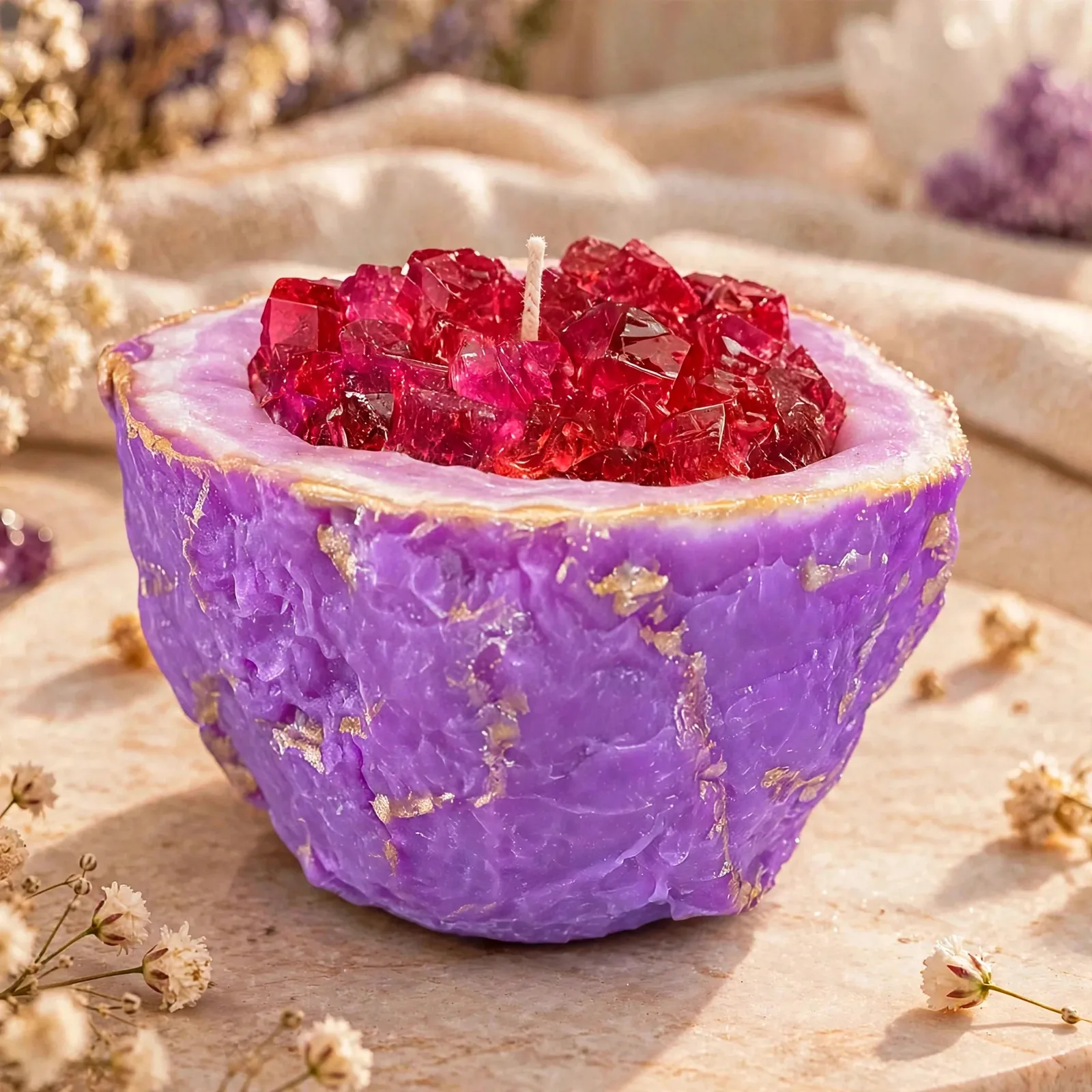 Pink Geode Crystal Candle — close-up detail