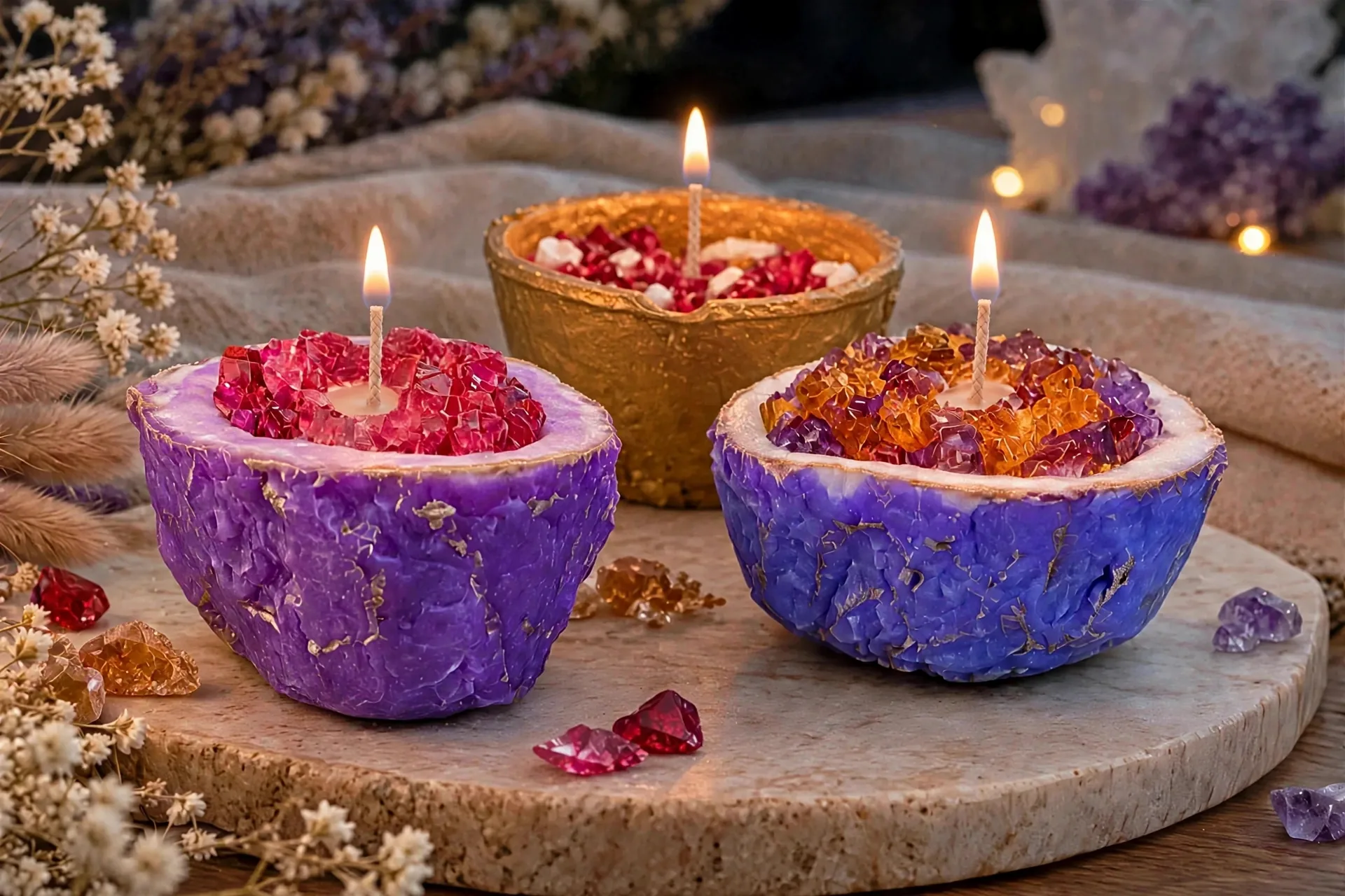 Pink Geode Crystal Candle — lit with a warm flame