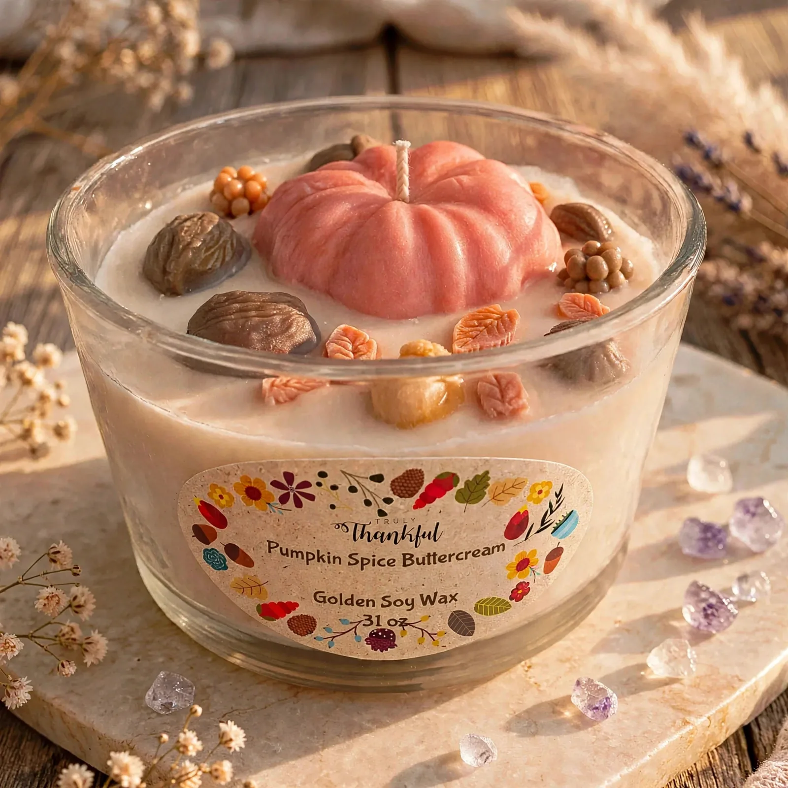 Pumpkin Spice Soy Candle: Botanical Fall Decor — close-up detail