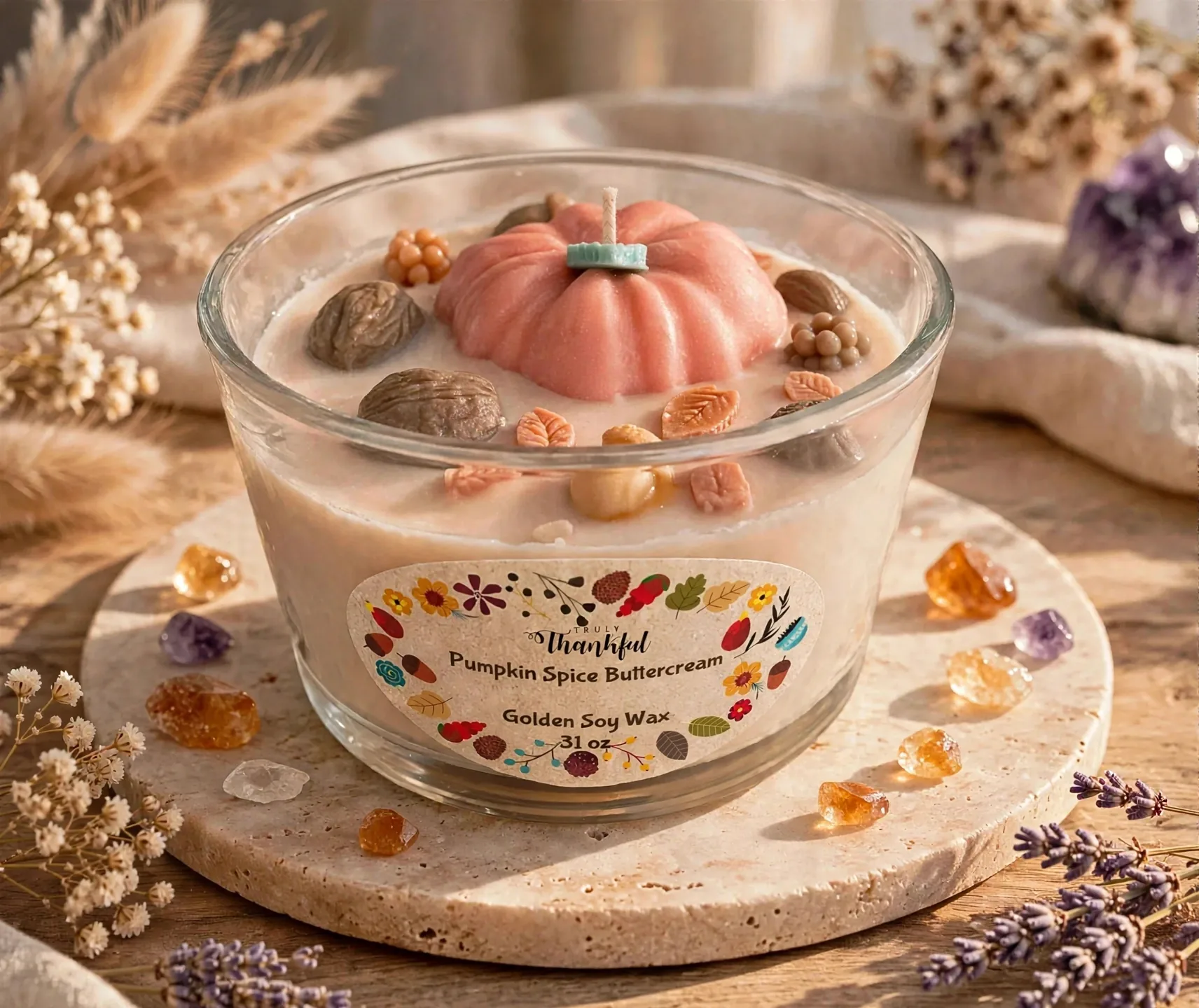Pumpkin Spice Soy Candle: Botanical Fall Decor, handmade seasonal candle