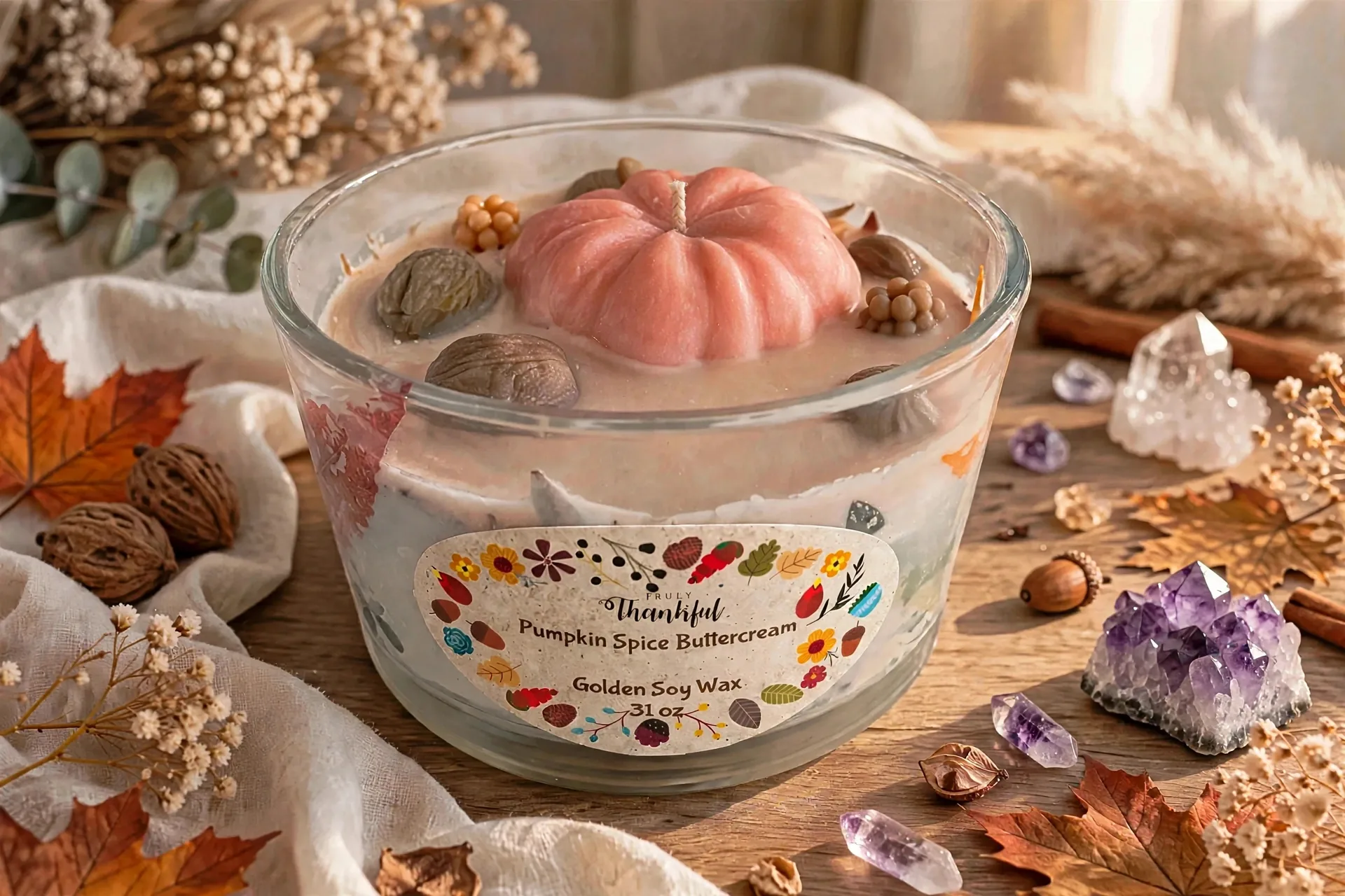 Pumpkin Spice Soy Candle: Botanical Fall Decor — lifestyle photo