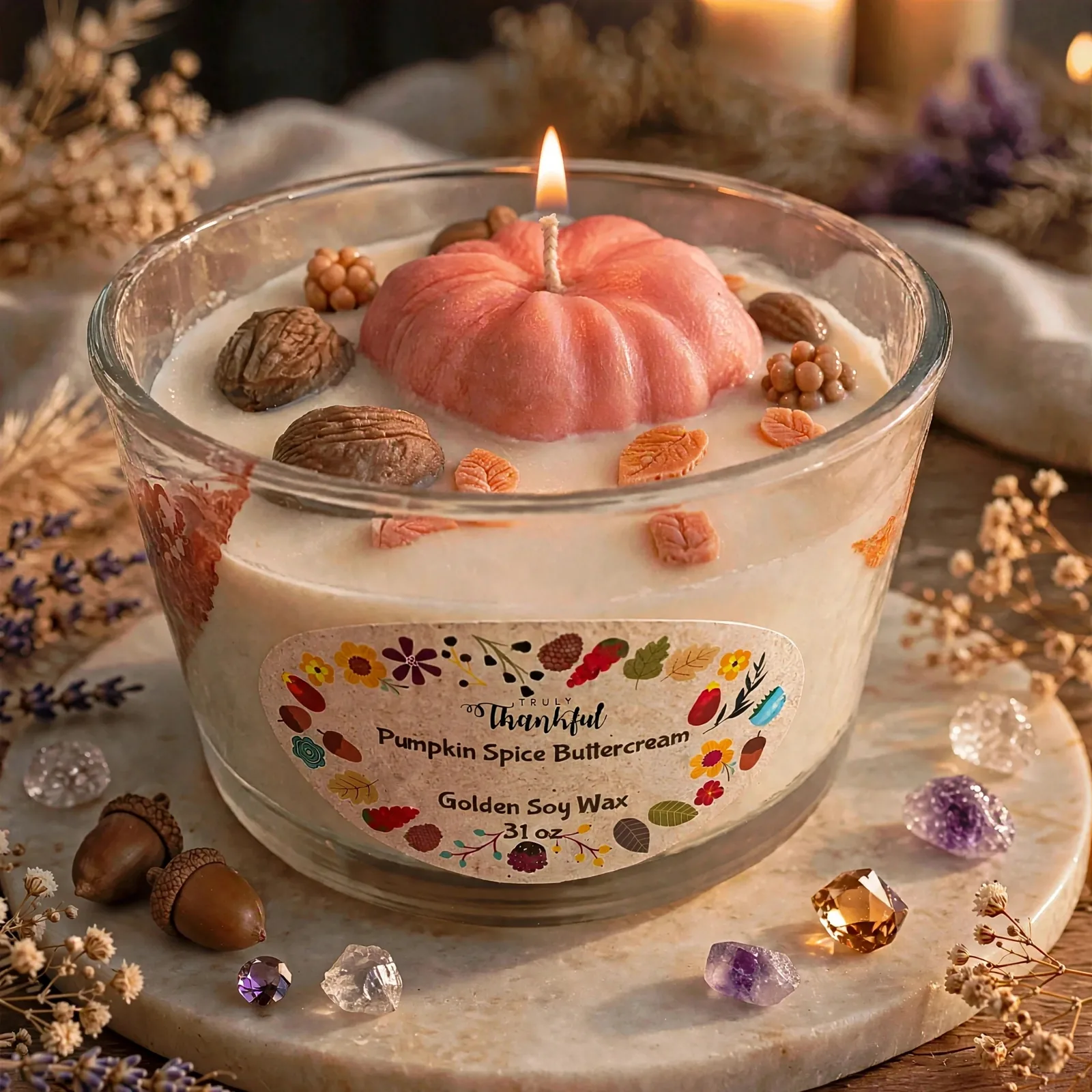 Pumpkin Spice Soy Candle: Botanical Fall Decor — lit with a warm flame