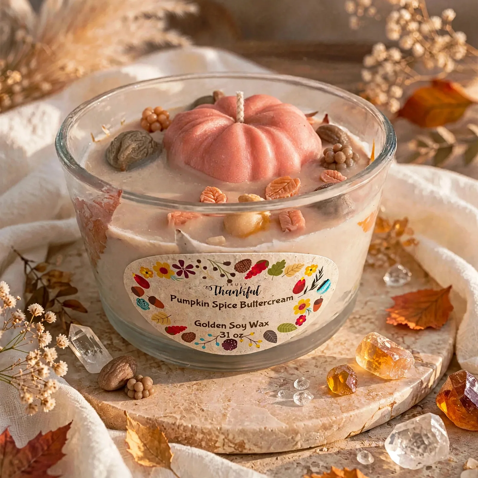 Pumpkin Spice Soy Candle: Botanical Fall Decor — styled home decor scene