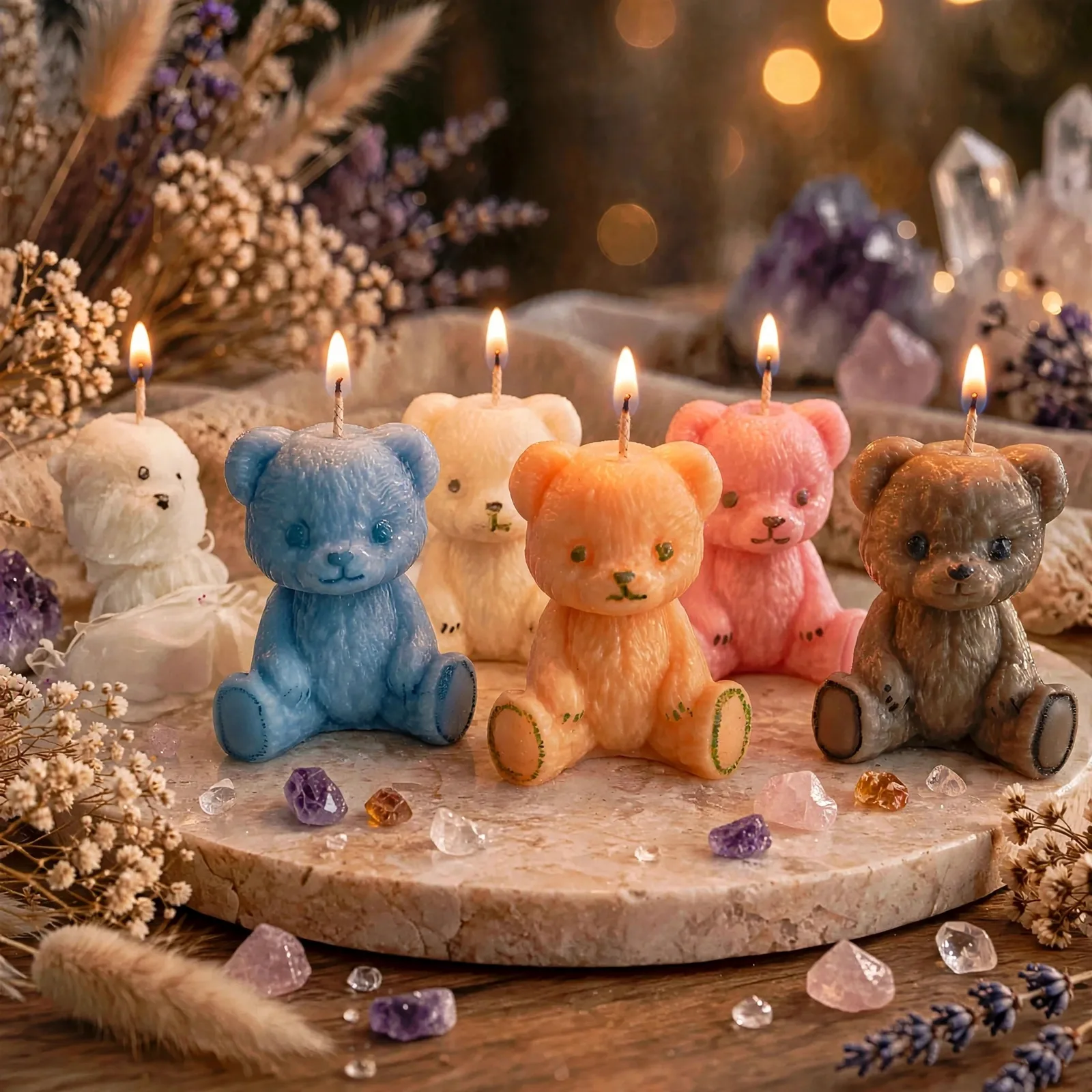 Teddy Bear Candle — lit with a warm flame