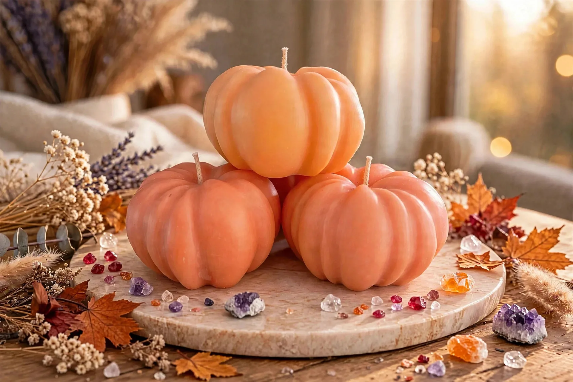 Pumpkin spice candle styled for fall in warm natural light