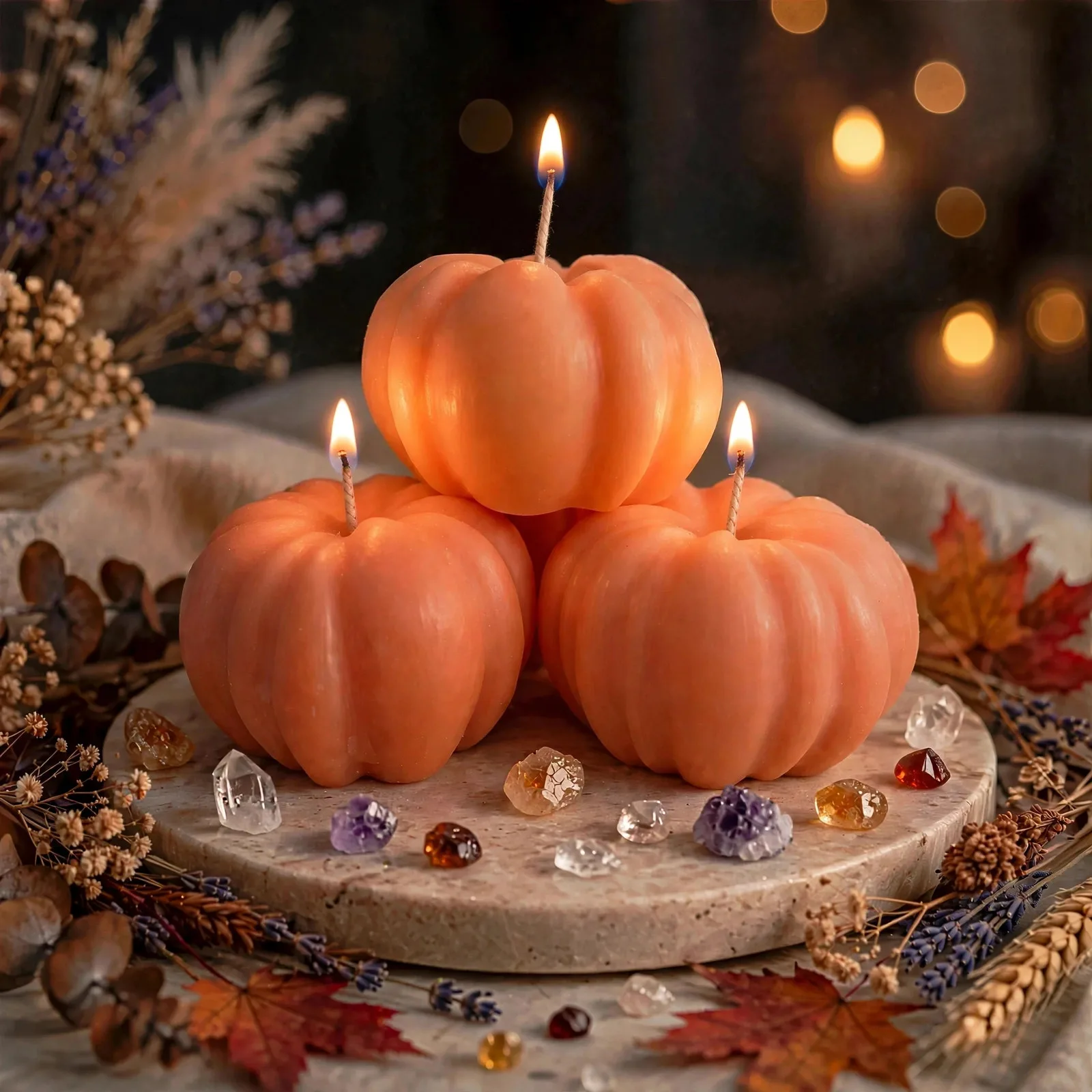 Scented Pumpkin Spice Candle — lit with a warm flame