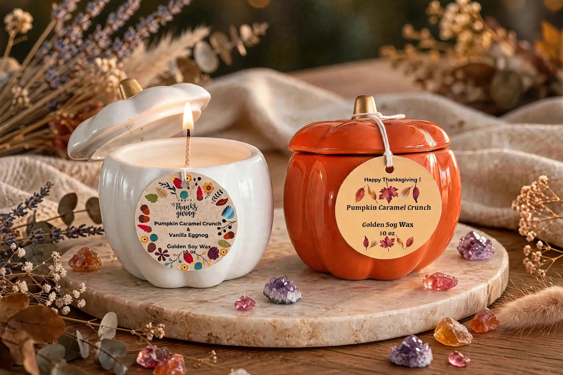 Pumpkin Spice Soy Candle in Ceramic Jar — lit with a warm flame