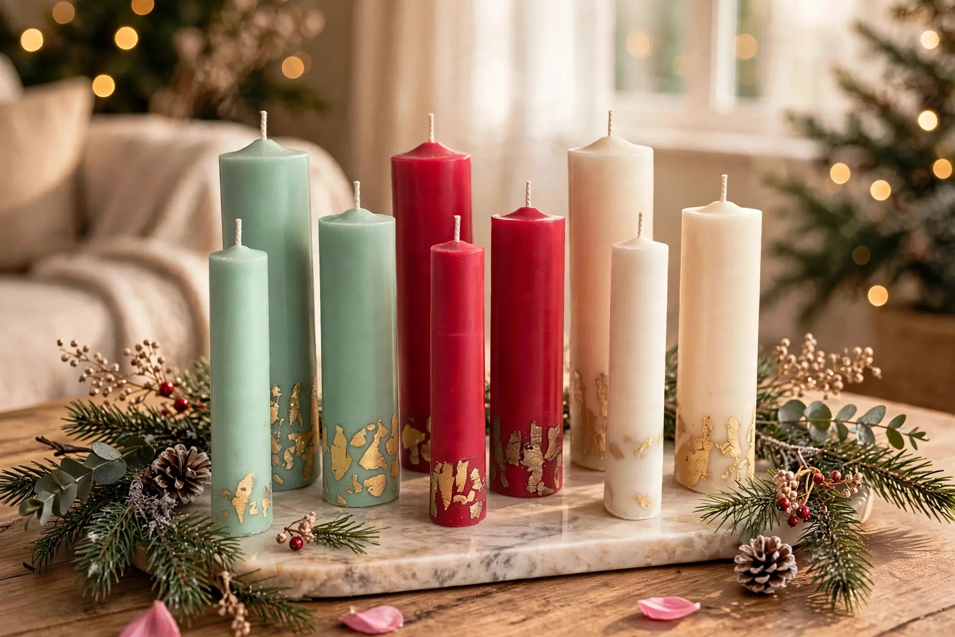 Gold Leaf Coconut Soy Pillar Candle — lifestyle photo