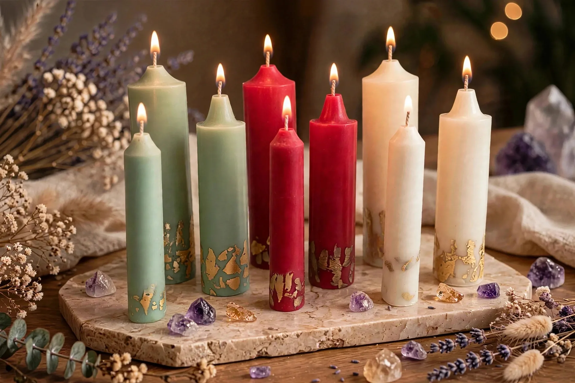 Gold Leaf Coconut Soy Pillar Candle — lit with a warm flame
