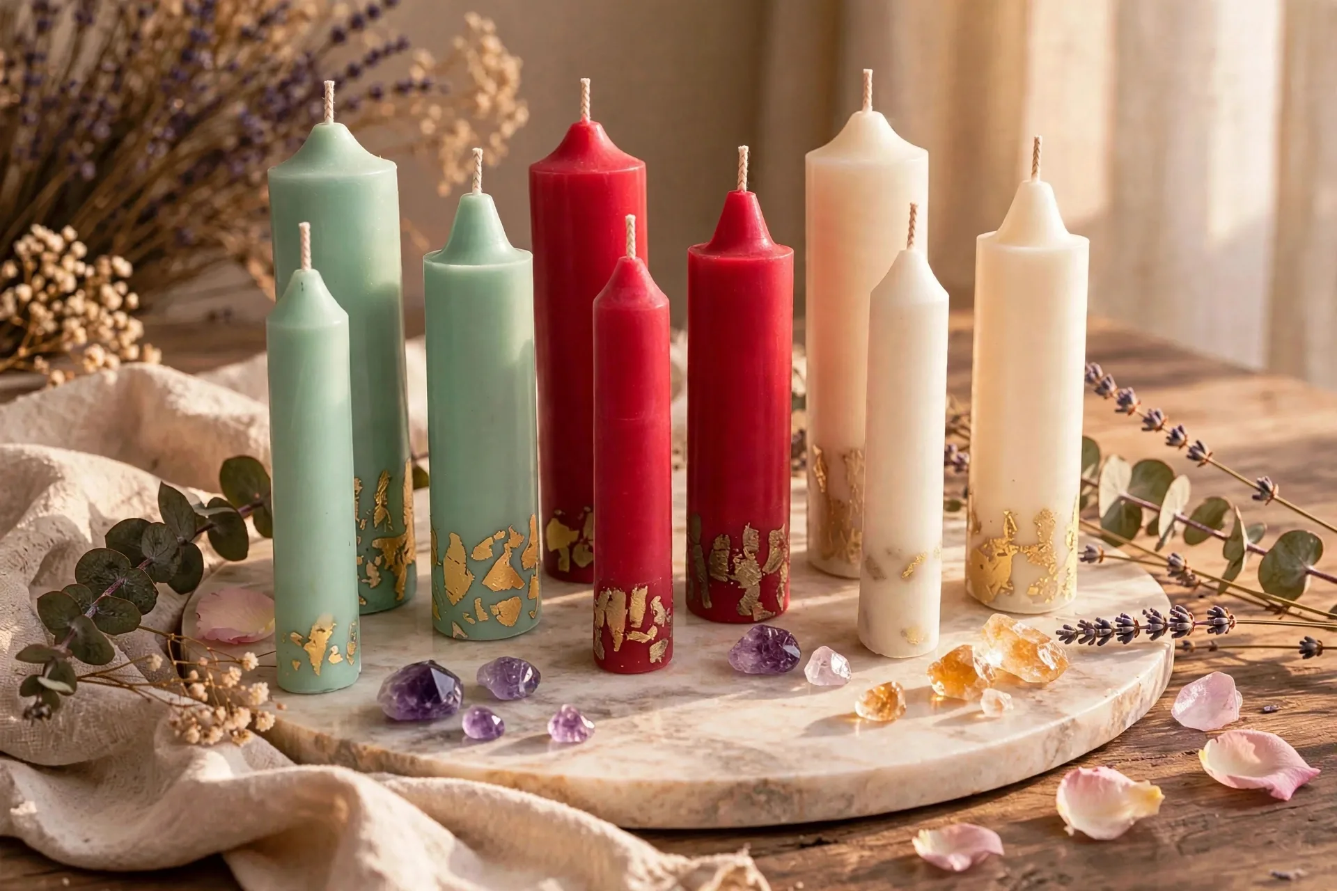 Gold Leaf Coconut Soy Pillar Candle — styled home decor scene