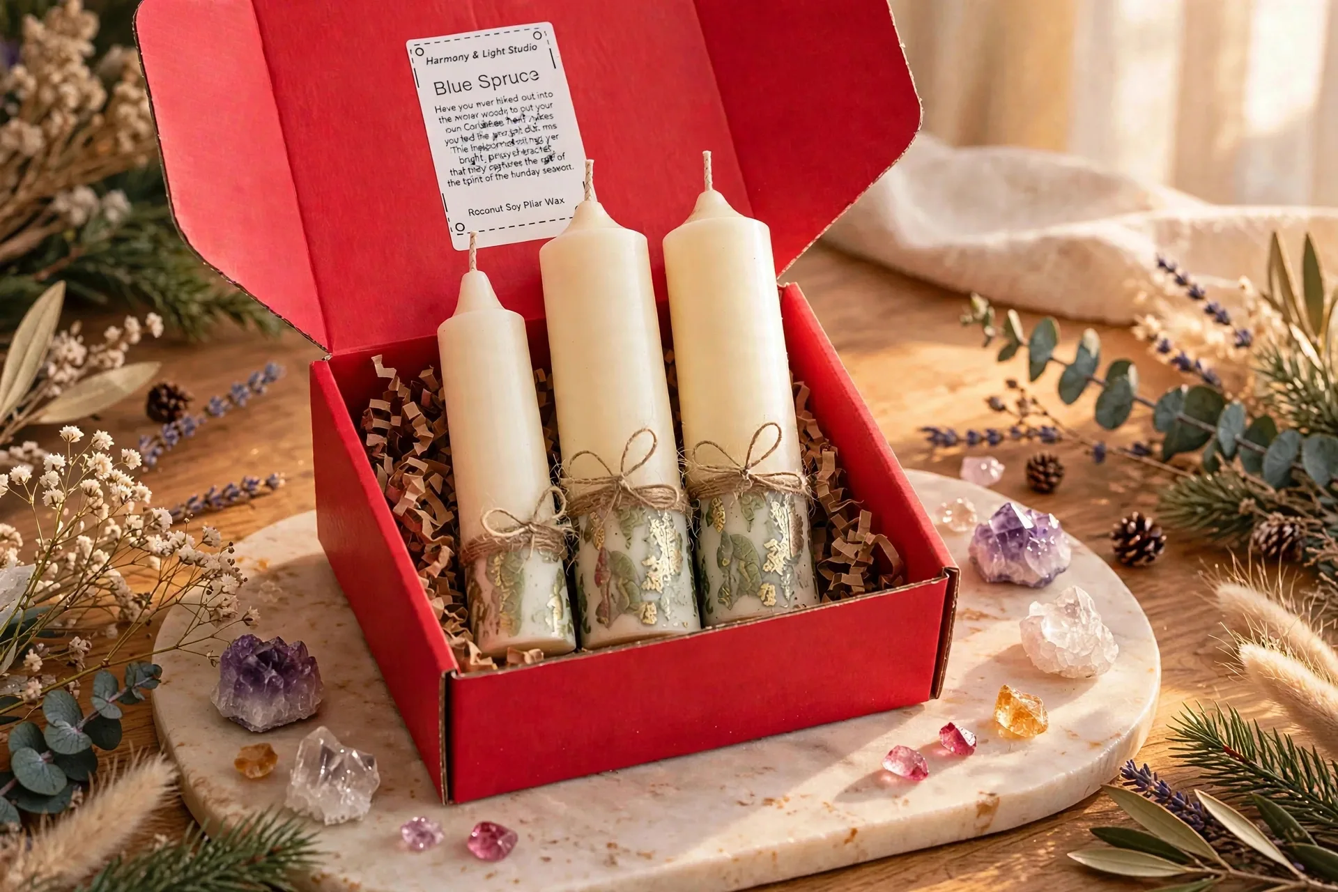 Christmas Pillar Candle Set, Coconut Soy Wax, Santal Spruce Vanilla Fragrance, Holiday Decor