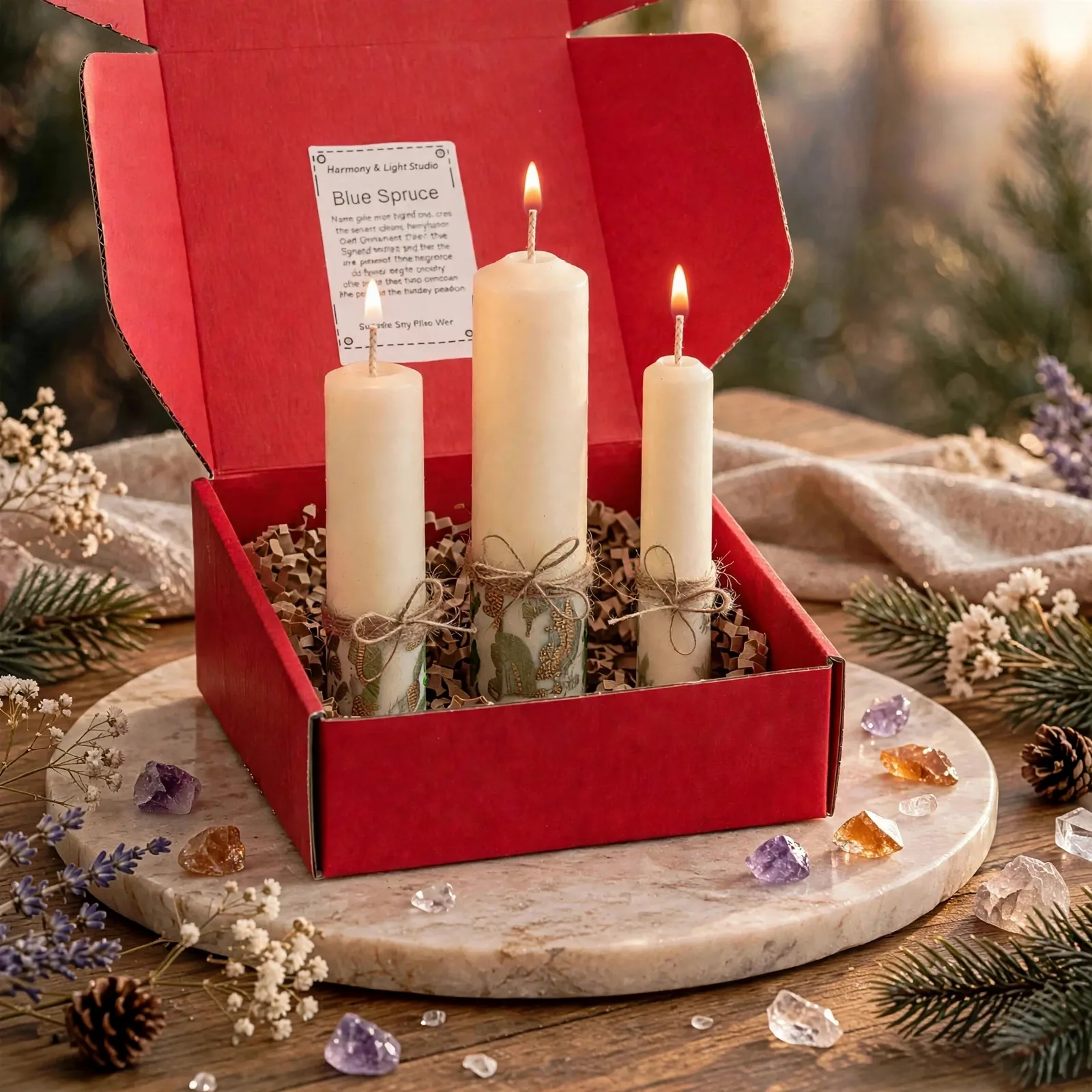 Christmas Pillar Candle Set — lit with a warm flame