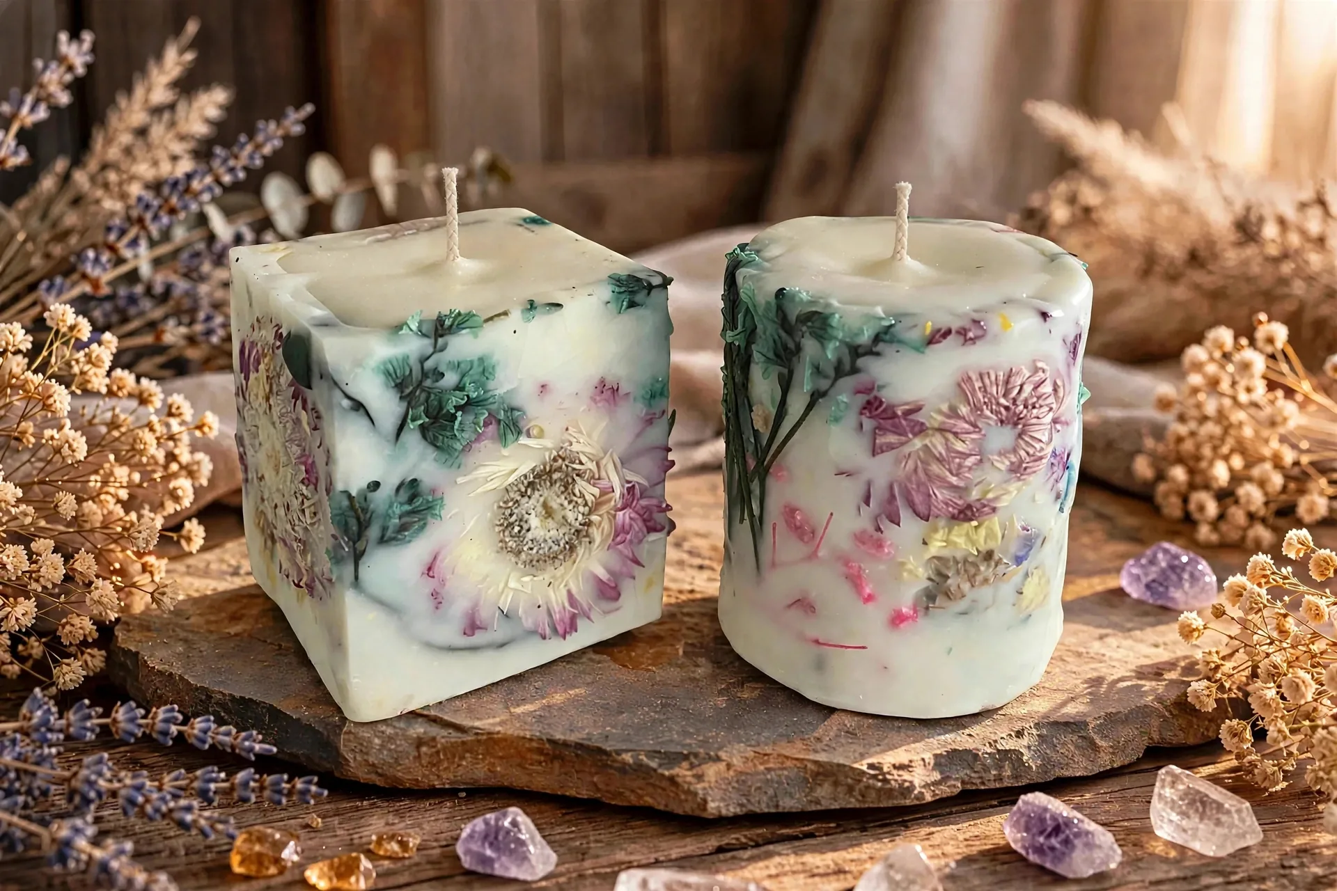 Botanical Soy Pillar Candles, Green Tea Lemongrass Scent, Embedded Dried Flowers, Zen Home Decor