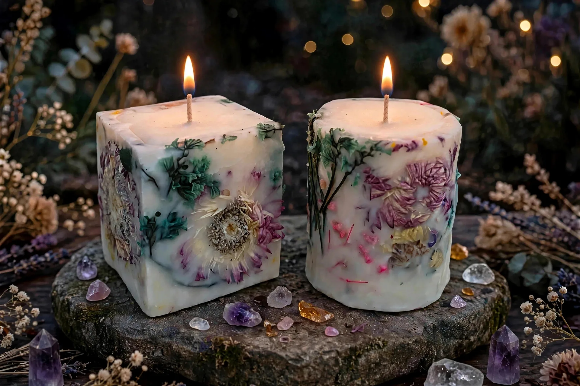Botanical Soy Pillar Candles — lit with a warm flame