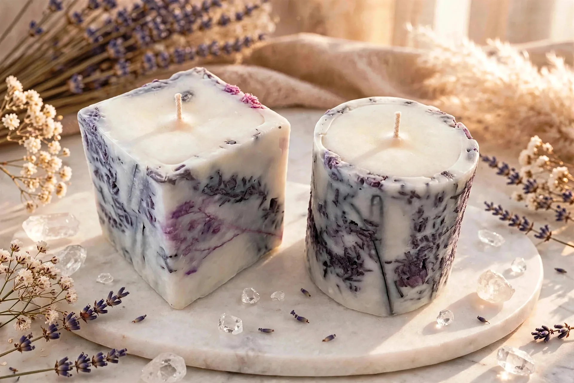 Botanical Pillar Candle: Dried Flowers, CocoSoy Wax, Green Tea & Lemongrass, Lavender