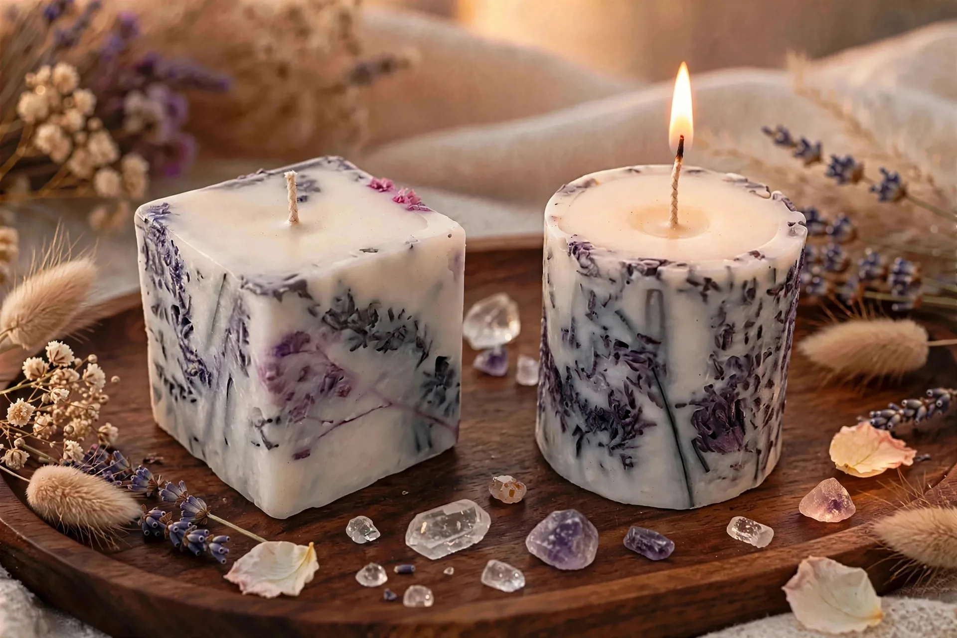 Botanical Pillar Candle: Dried Flowers — lit with a warm flame