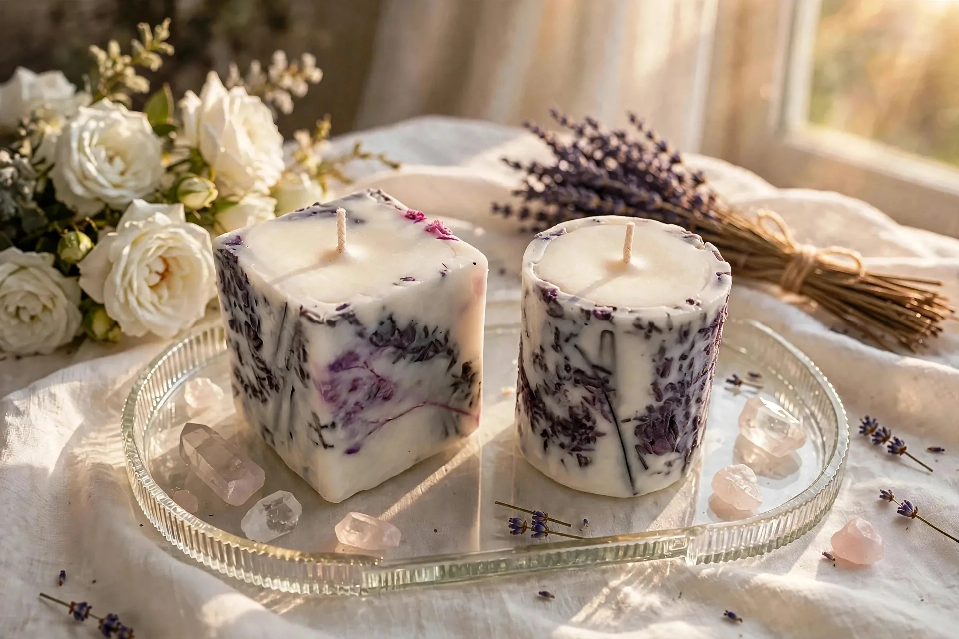 Botanical Pillar Candle: Dried Flowers — styled home decor scene