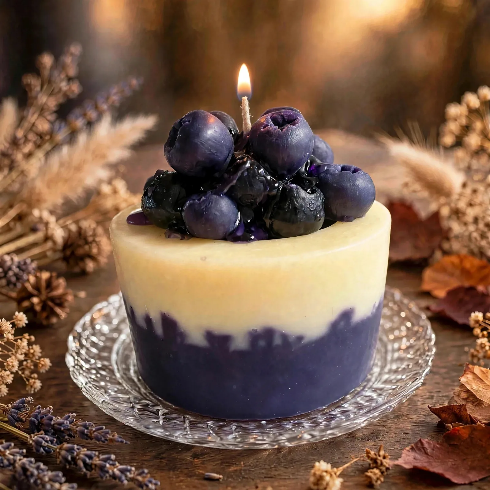 Blueberry Cupcake Pillar Candle: Lemon Crumble Scented — lit with a warm flame