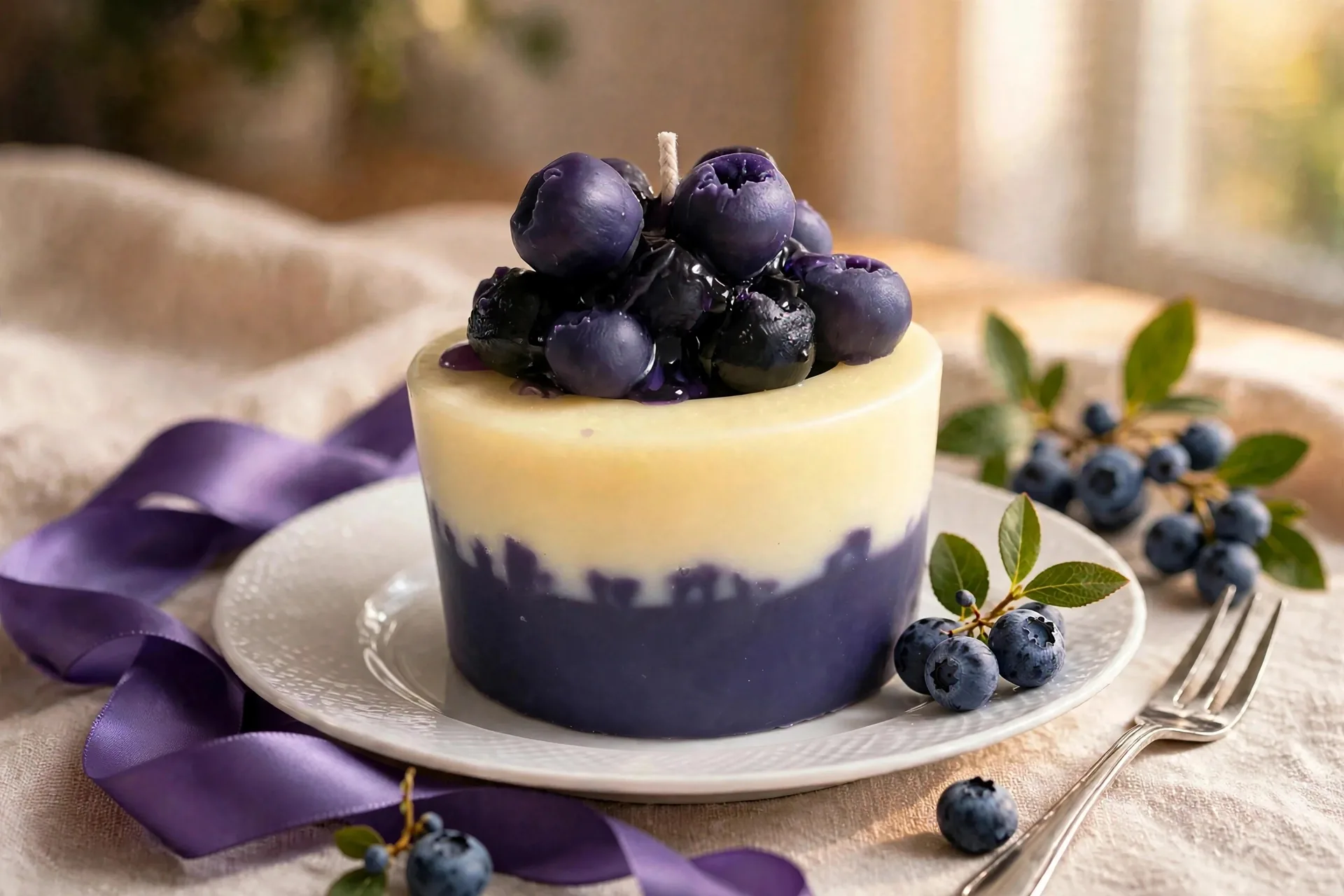 Blueberry Cupcake Pillar Candle: Lemon Crumble Scented — styled home decor scene