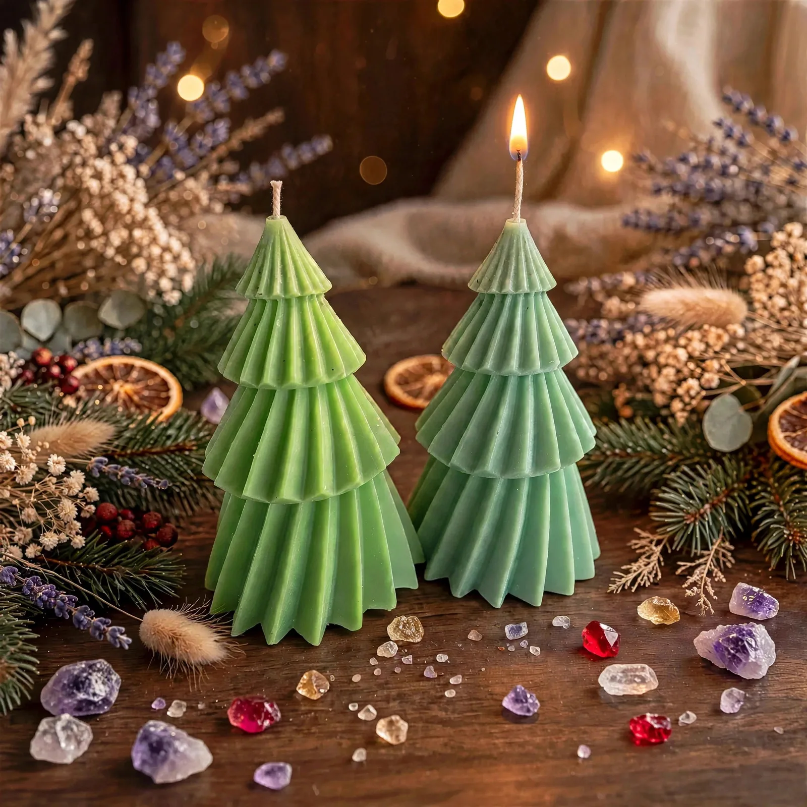 Blue Spruce Christmas Tree Candle: Coconut Soy Wax — lit with a warm flame