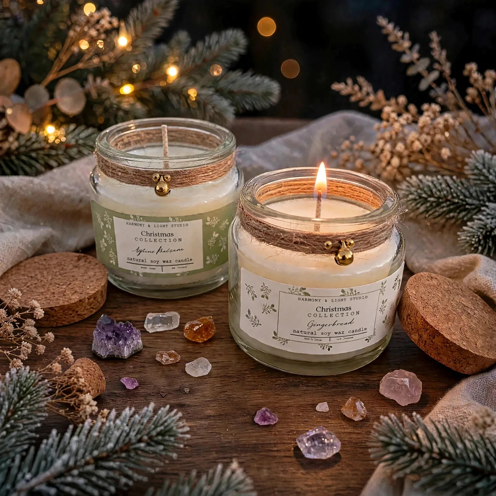 Christmas Candle Gift Set: Alpine Balsam & Gingerbread — lit with a warm flame