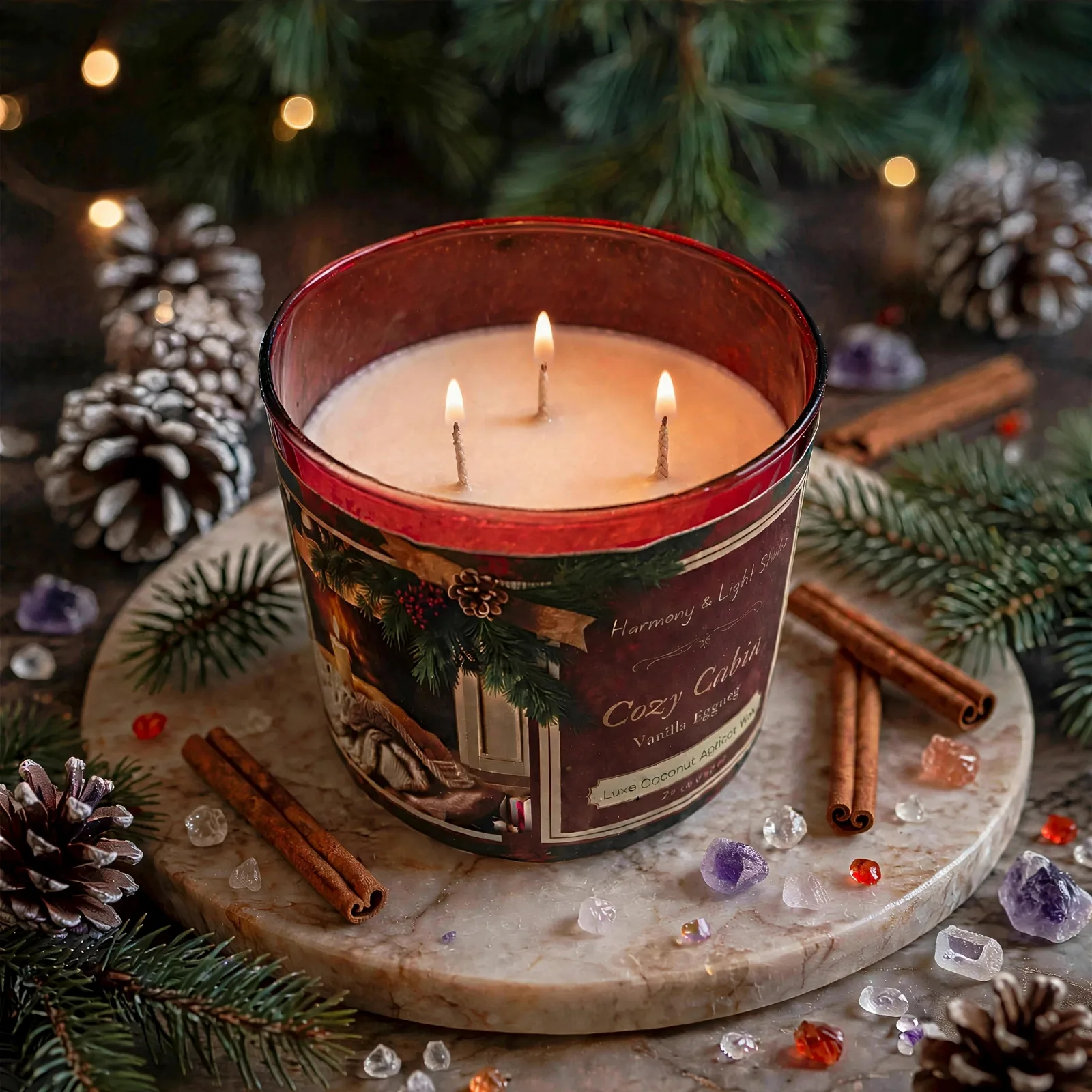Vanilla Eggnog Christmas Candle: Luxe Coconut Apricot Wax — lit with a warm flame