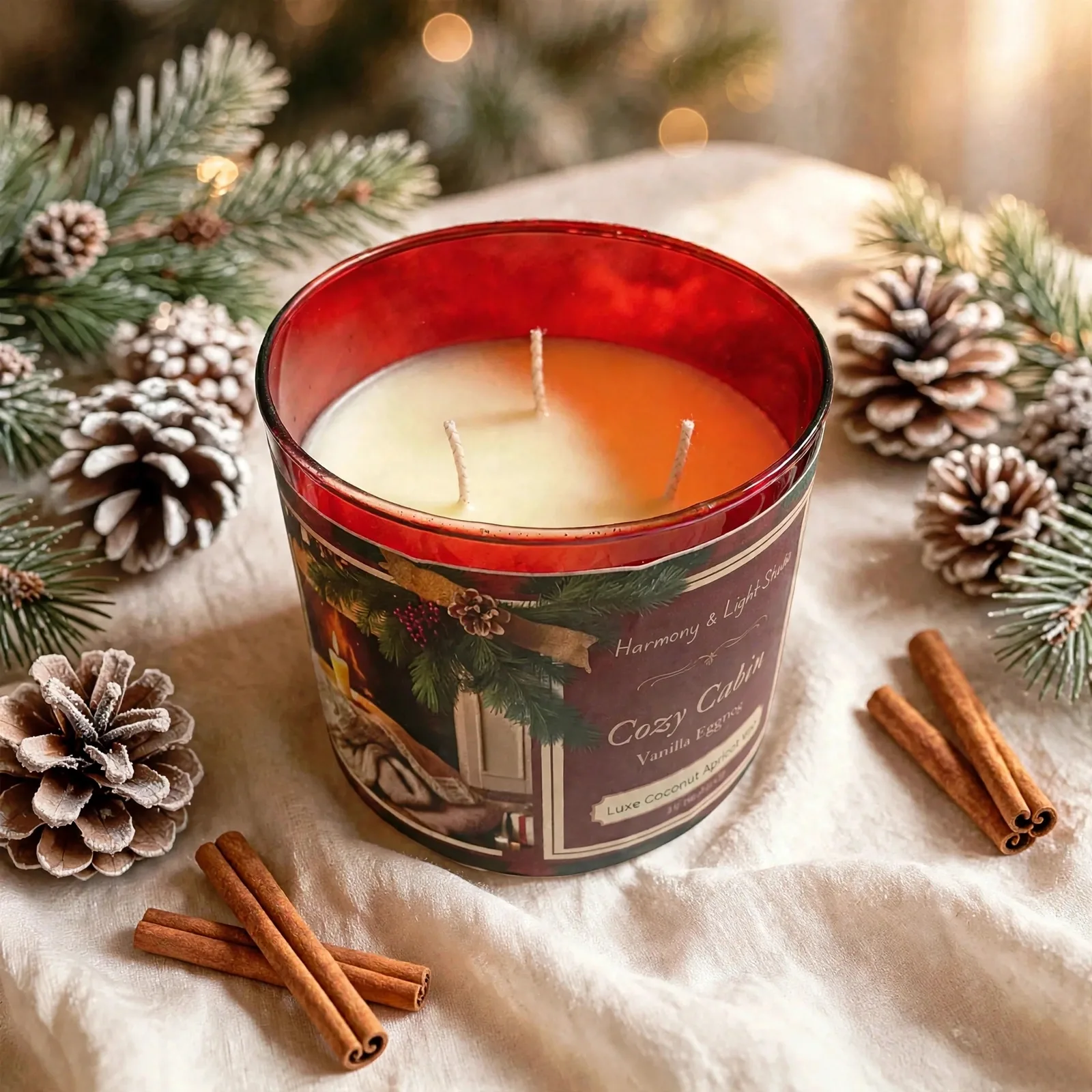 Vanilla Eggnog Christmas Candle: Luxe Coconut Apricot Wax — styled home decor scene