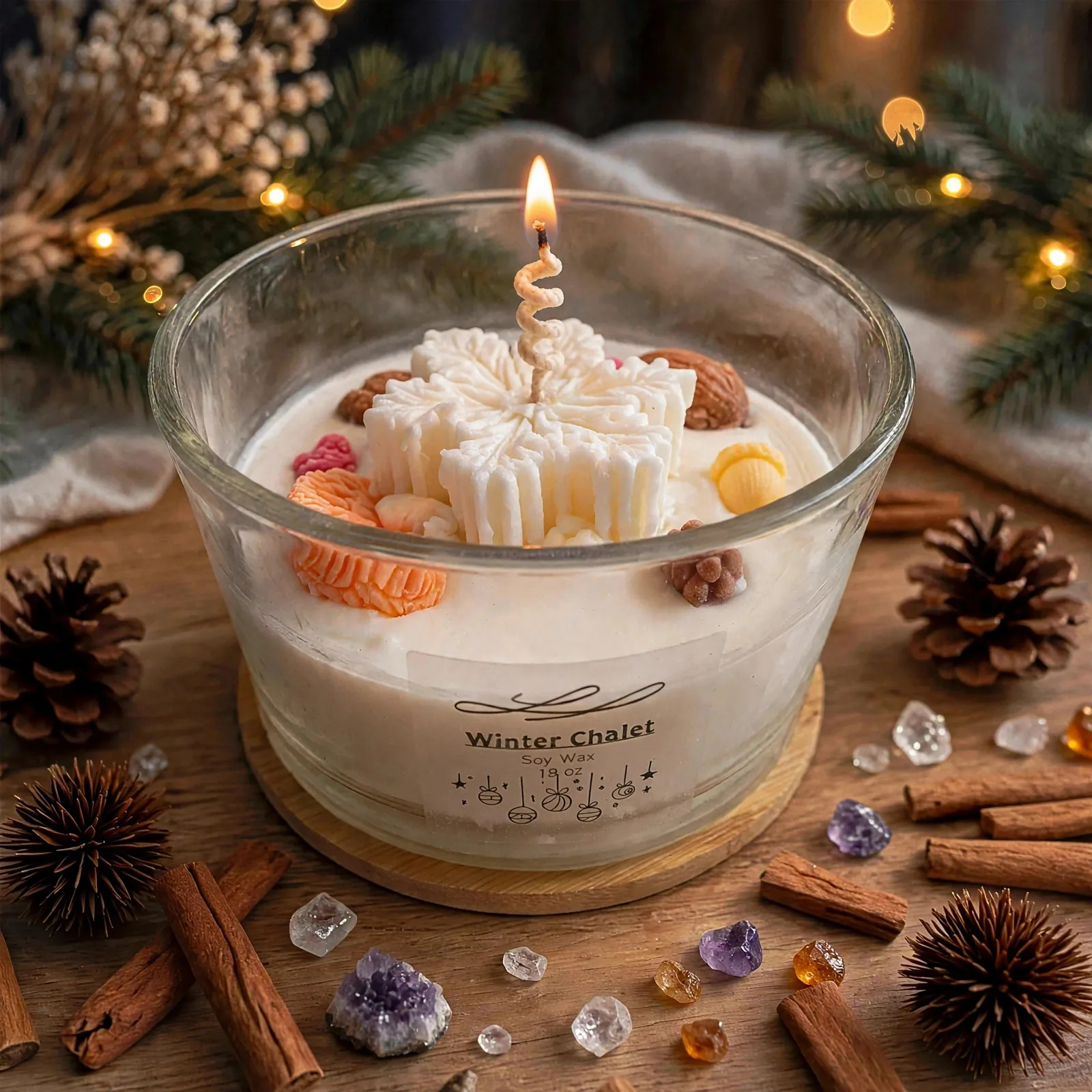 Big Three Wick Christmas Candle 18 oz - gift for cozy — lit with a warm flame