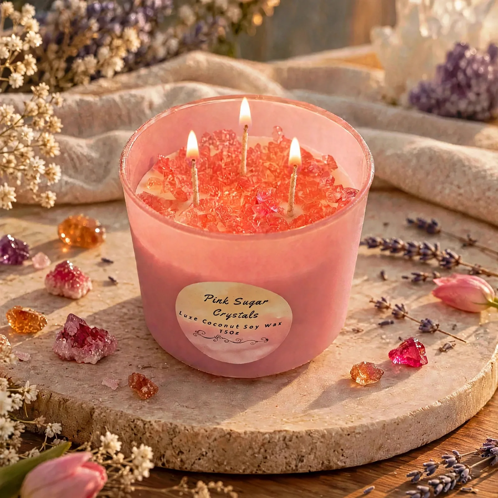 Pink Sugar 3-Wick Soy Candle — lit with a warm flame