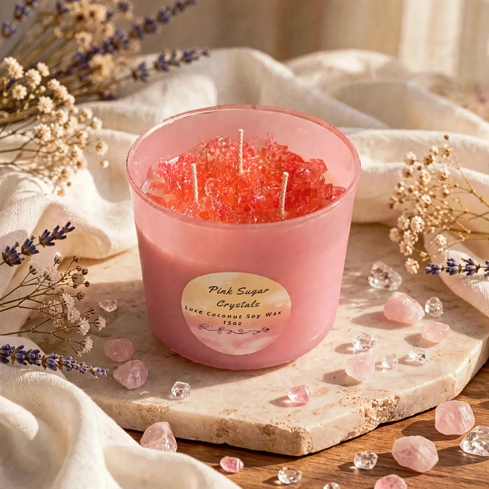 Pink Sugar 3-Wick Soy Candle — styled home decor scene