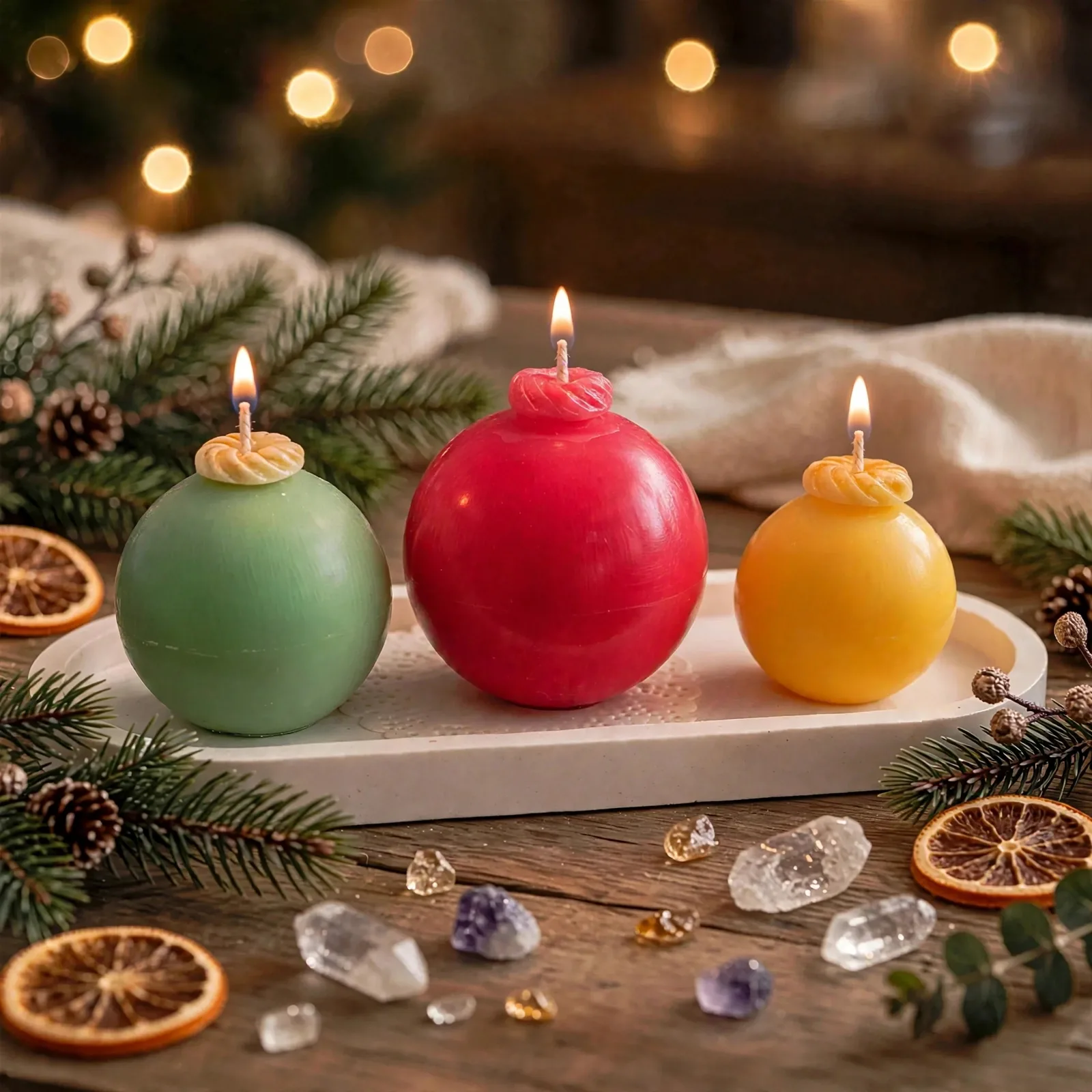 Christmas Decoration Pillar Candle Trio - festive gift — lit with a warm flame