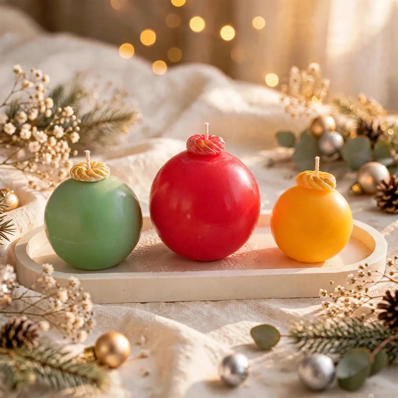 Christmas Decoration Pillar Candle Trio - festive gift — styled home decor scene