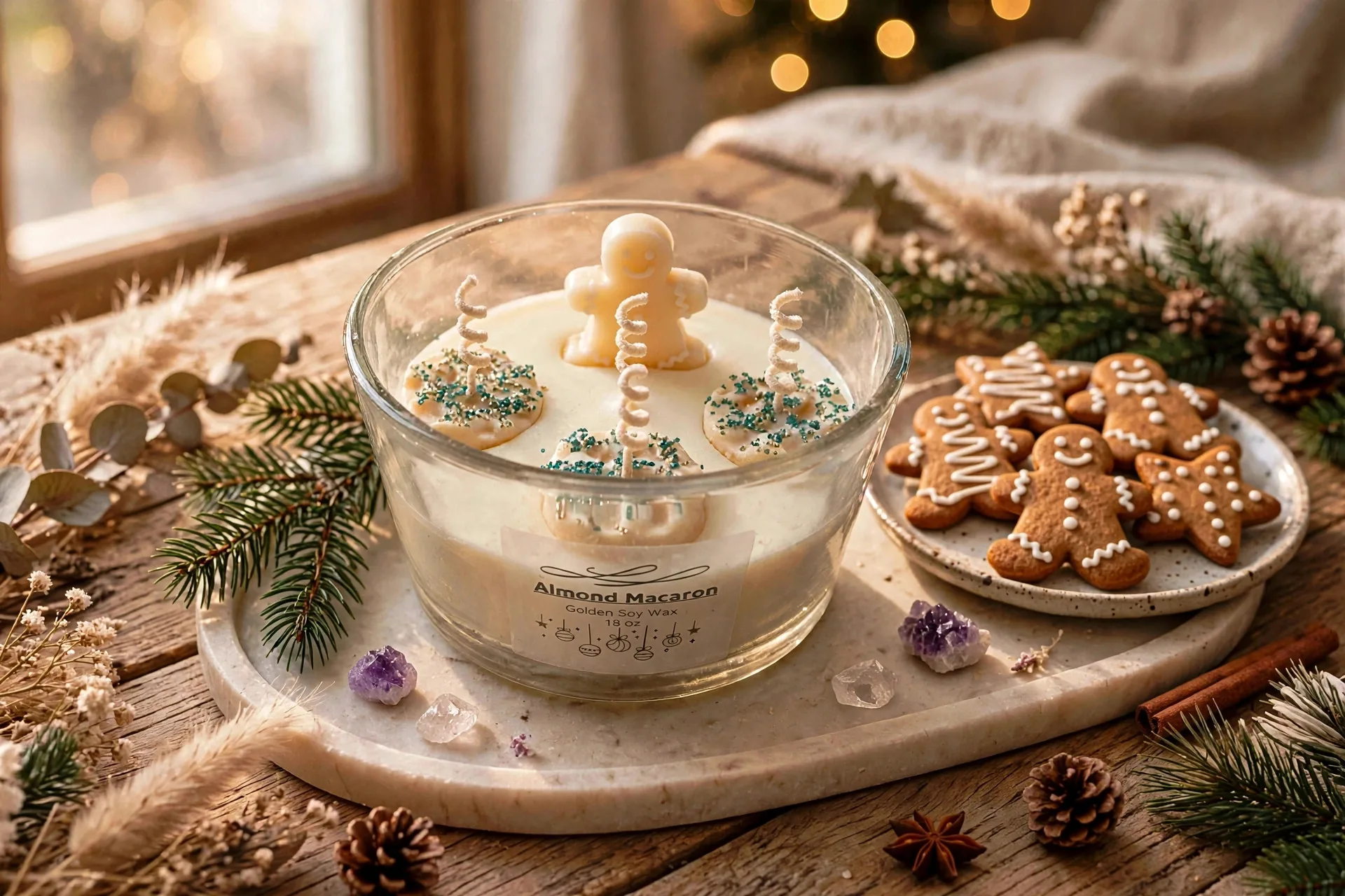 Almond Macaron Soy Candle - Four Wick Holiday Candle — lifestyle photo