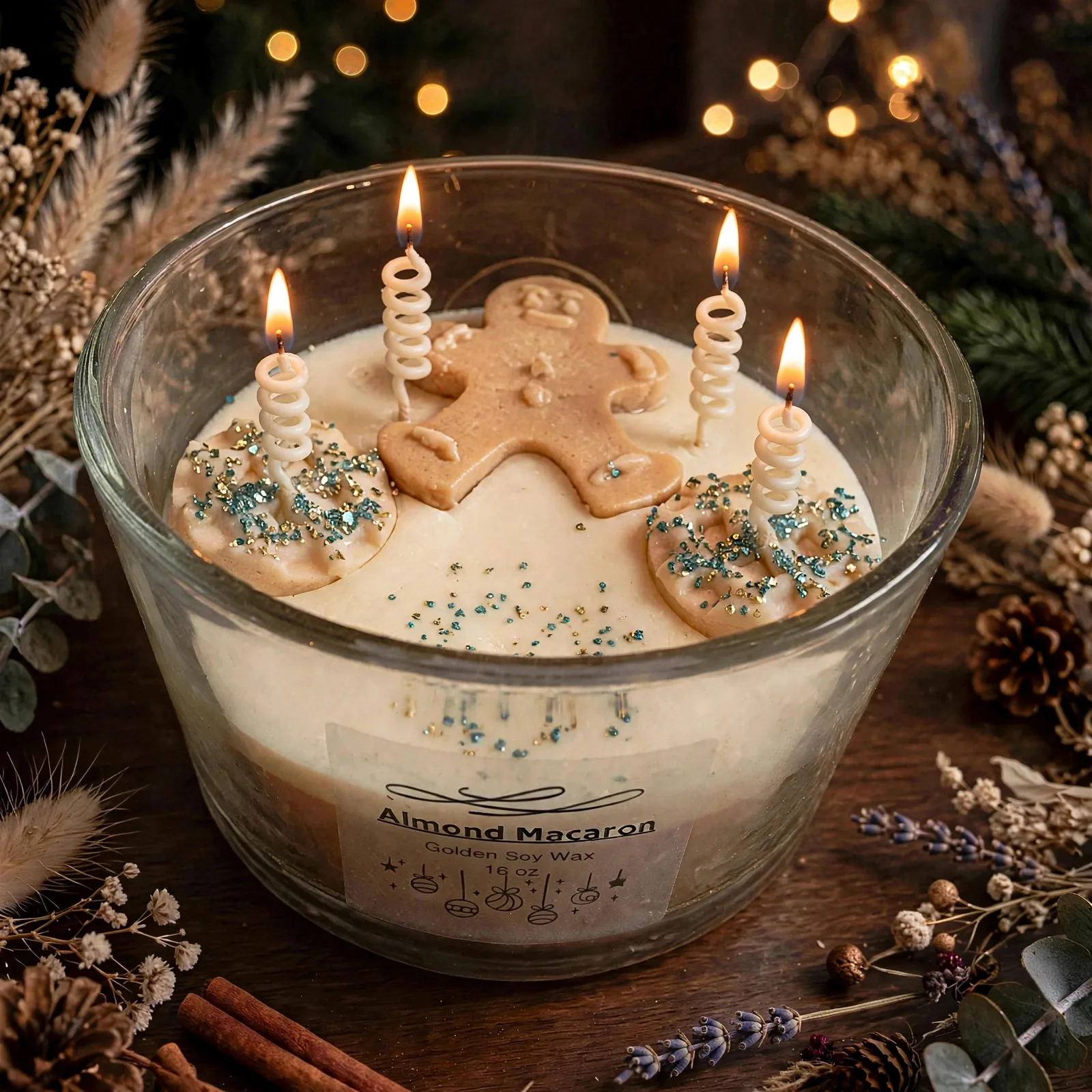 Almond Macaron Soy Candle - Four Wick Holiday Candle — lit with a warm flame