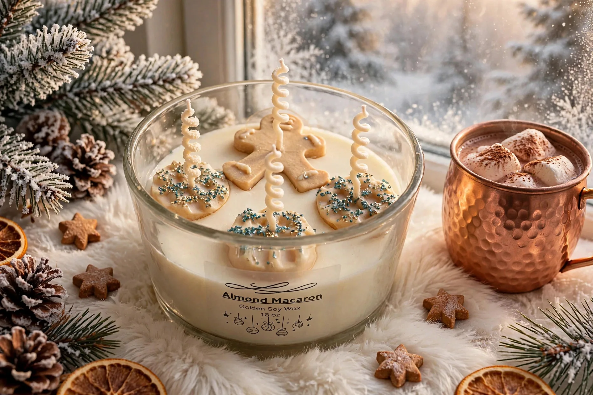 Almond Macaron Soy Candle - Four Wick Holiday Candle — styled home decor scene