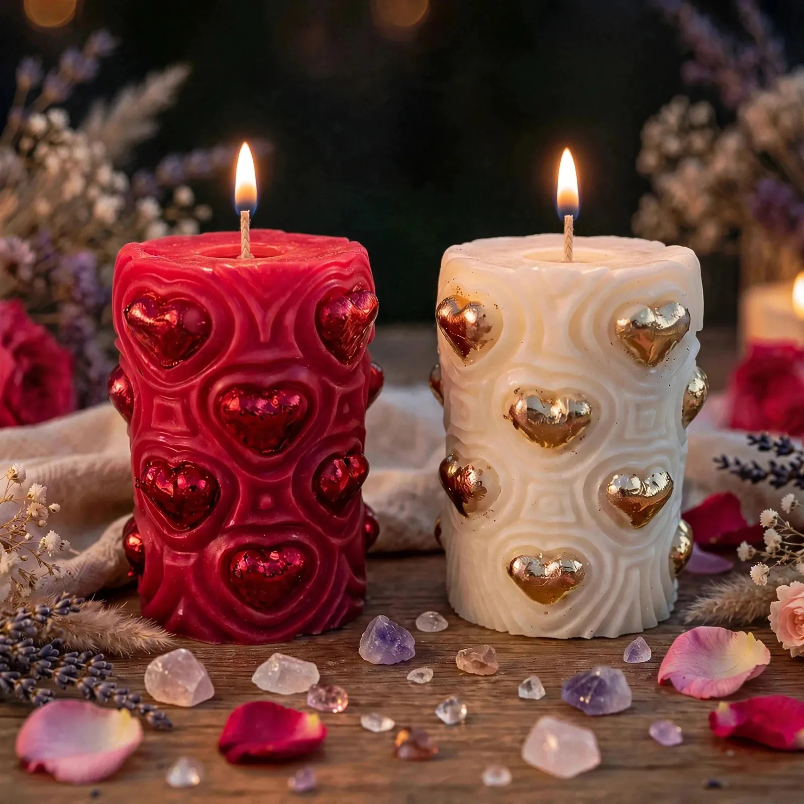 Heart Pillar Candle — lit with a warm flame