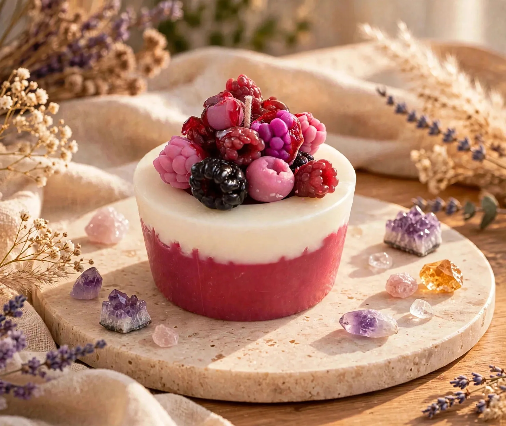 Berry Cheesecake Candle, Artisan Dessert Food Candle, Strawberry Kitchen Decor